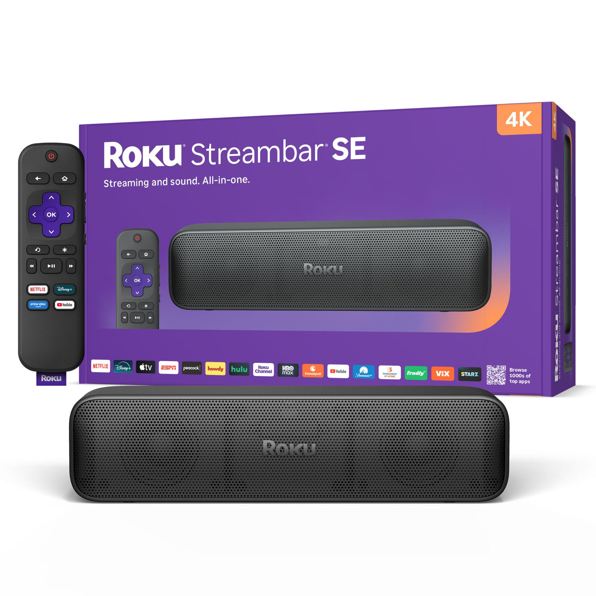 Barra de Sonido Roku Negra con Transmisión 4K HD HDR y Claridad de Voz Mejorada para TV