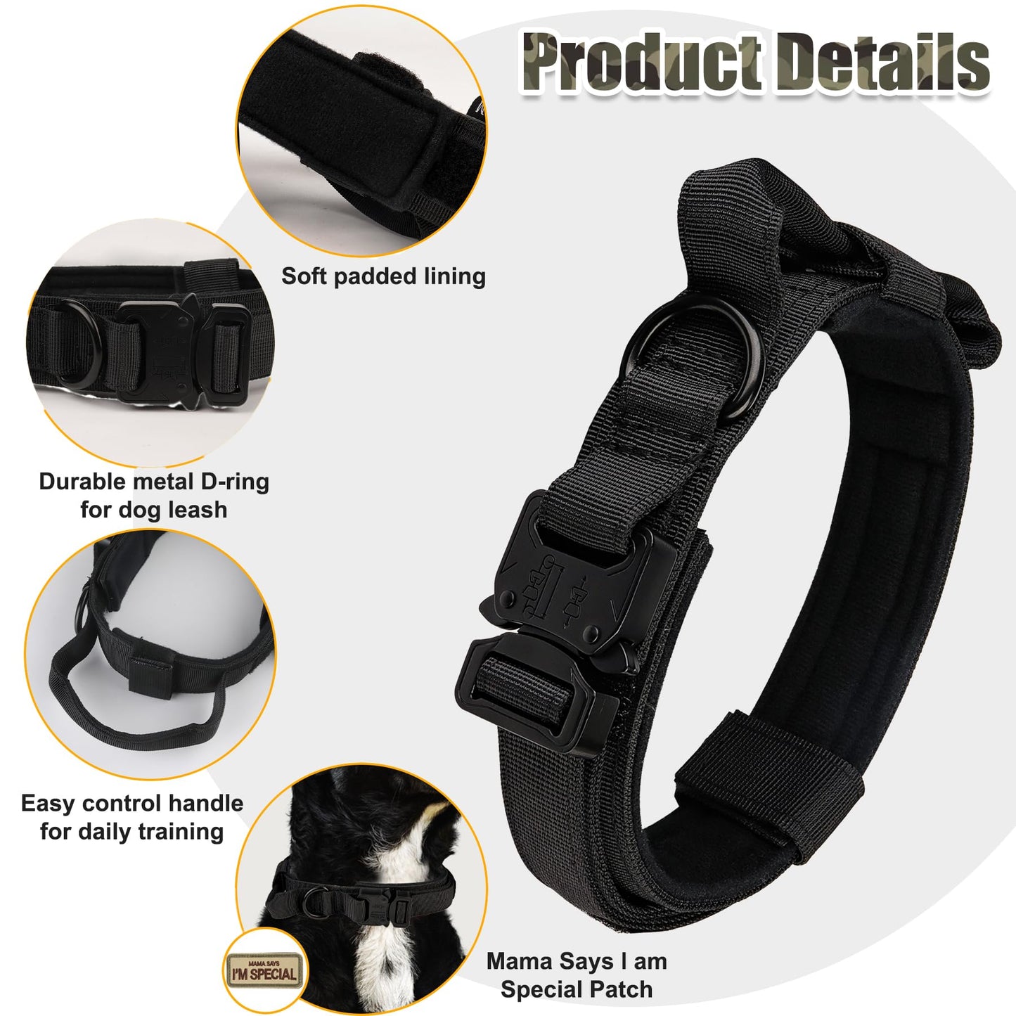 KCUCOP - Collar Militar para Perro con Mama Says I M Special Patch Grueso con asa K9 Collar Tactipup Collar para Perro Ajustable Resistente Hebilla de Metal para Perros M, L, XL (Negro, L)