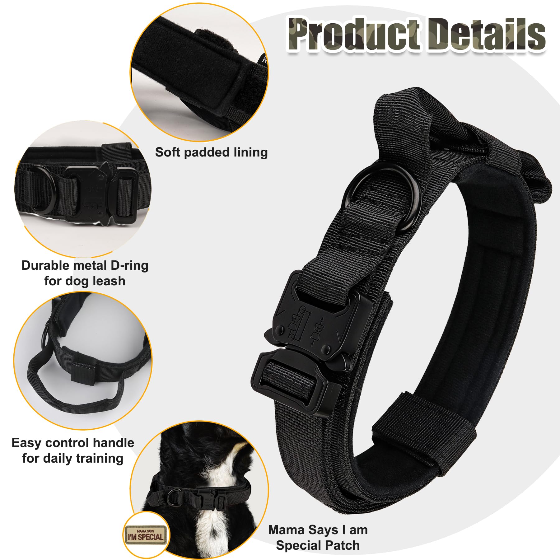 KCUCOP - Collar Militar para Perro con Mama Says I M Special Patch Grueso con asa K9 Collar Tactipup Collar para Perro Ajustable Resistente Hebilla de Metal para Perros M, L, XL (Negro, L)