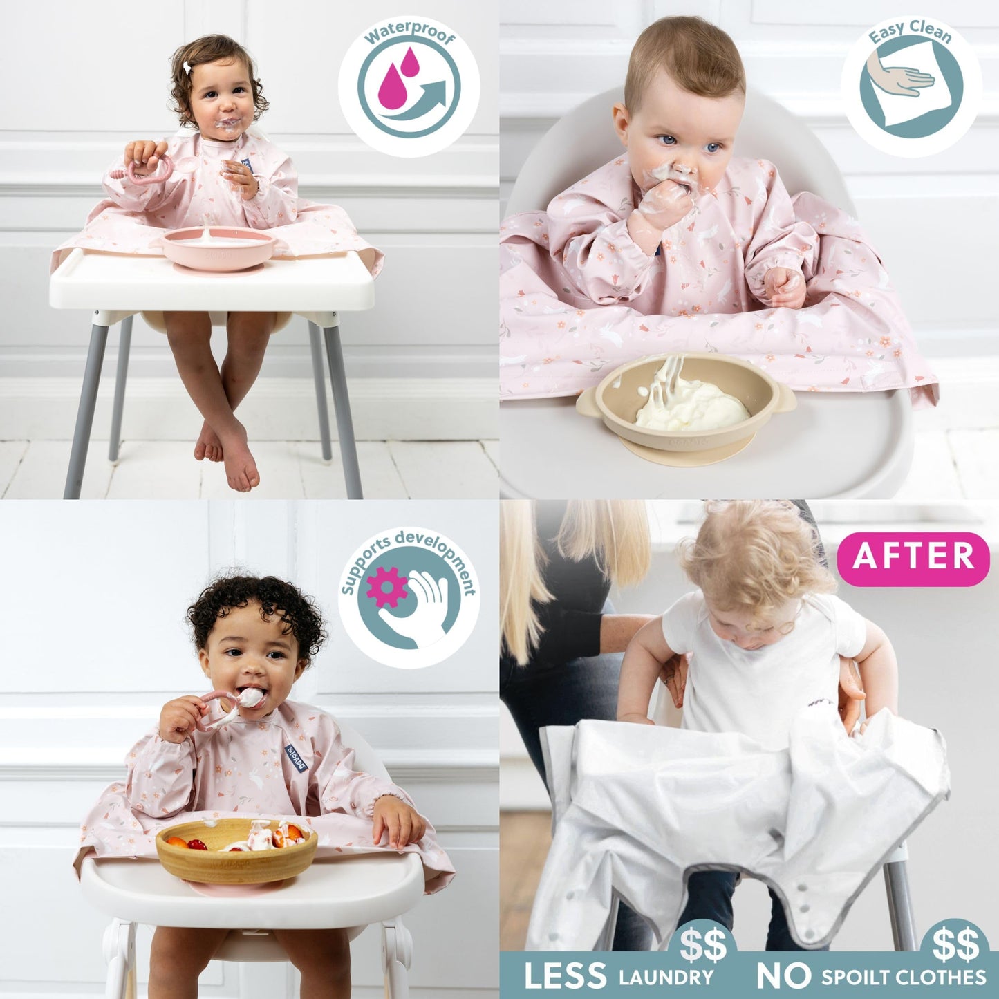 Bibado Baberos para bebé con mangas – Babero de destete LED para niños pequeños y bebés, 6-36 meses, se fija a sillas altas, cochecitos, mesas, Conejitos botánicos, One Size