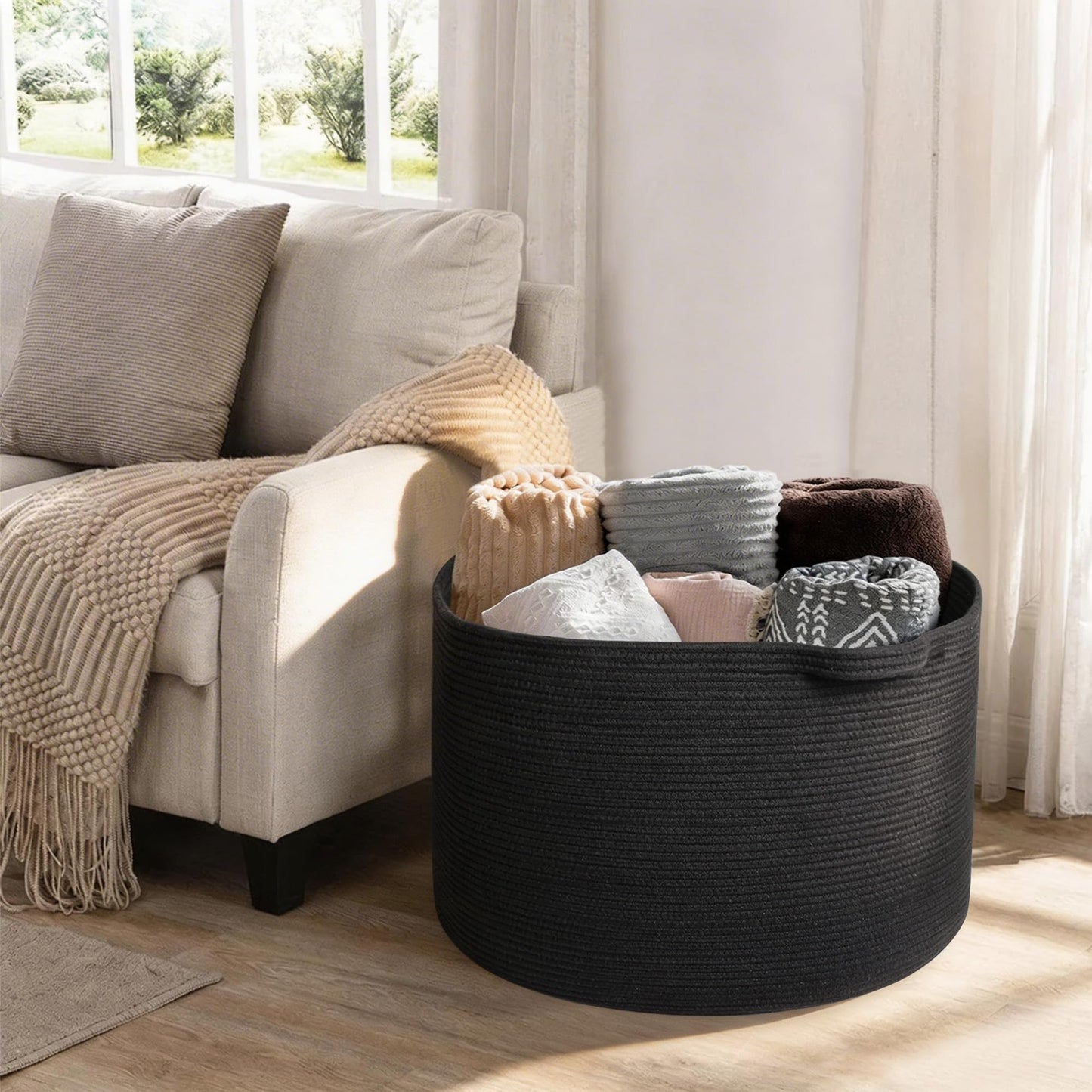MEGASKET Cesta grande de manta negra, 55.88 x 55.88 x 35.56 cm, cestas de cuerda tejida para almacenamiento, cestas de almacenamiento de juguetes para perros para niños, cestas organizadoras,