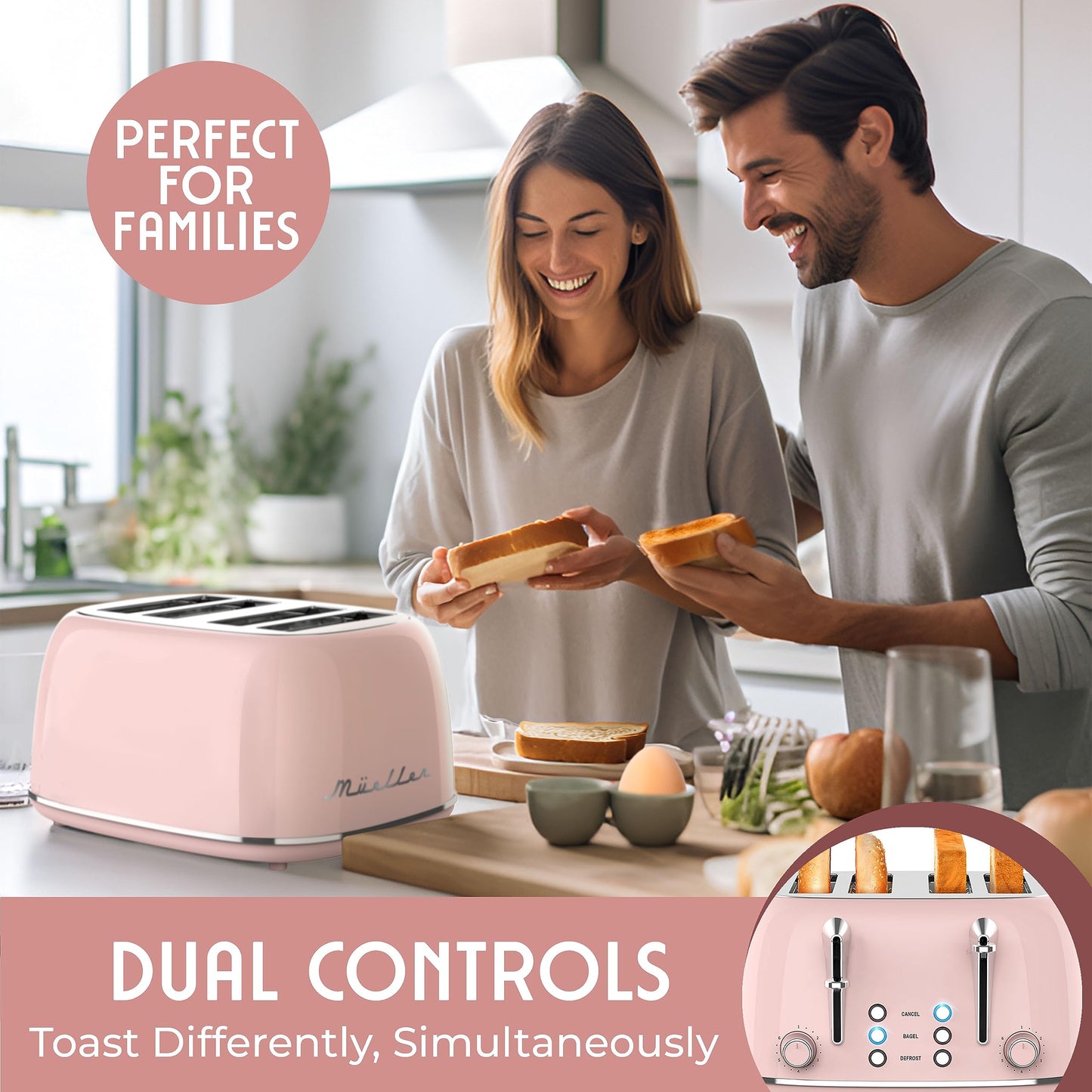 Mueller Retro Toaster 4 Slice with Extra Wide Slots Bagel, Defrost, Reheat, Cancel Function, 6 Browning Levels, Dual Independent Control Panel, Removable Crumb Tray and High Lift Lever, Pink