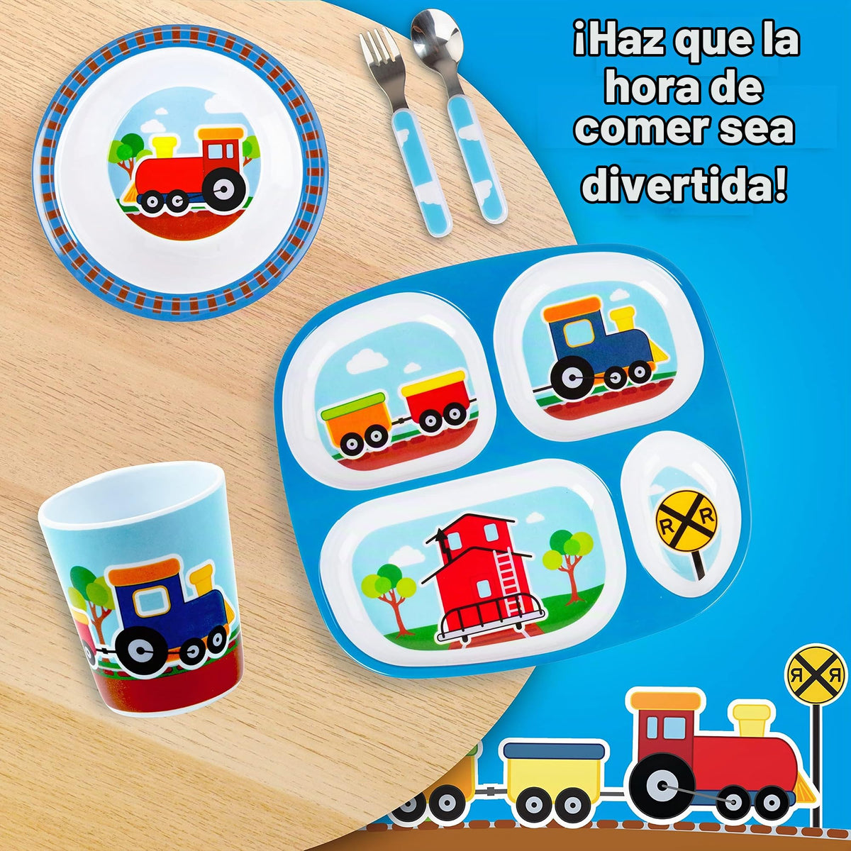 Bentology - Juego de vajilla infantil de 5 piezas, diseño de motor de tren