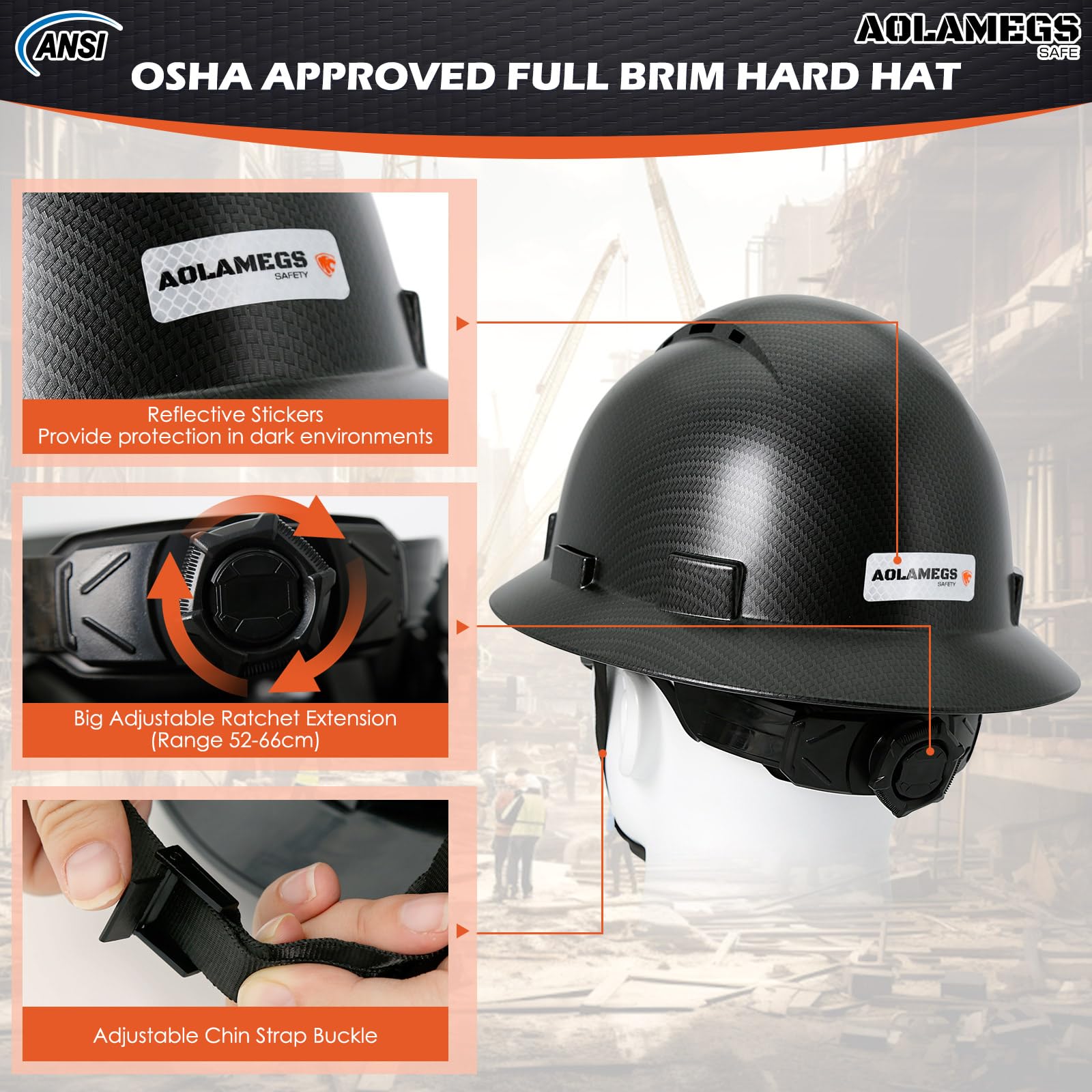 Casco de ala completa de fibra de carbono negro mate con gafas de seguridad y forro para hombres y mujeres, OSHA para construcción, seguridad con correa de barbilla y visera solar, perfil bajo