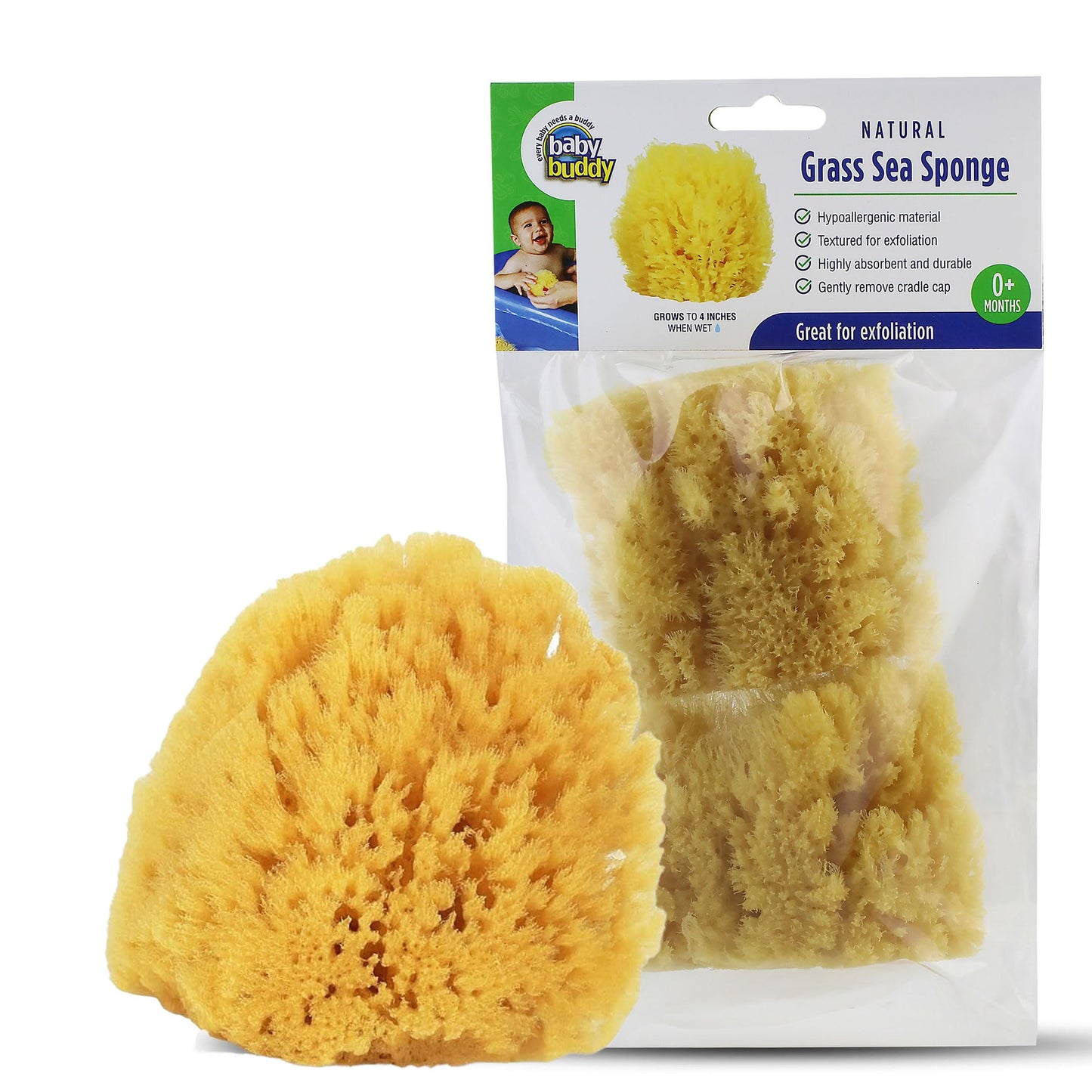 Baby Buddy Esponja de baño Natural para bebé de 4 Pulgadas, Suave para la Piel tierna del bebé, Biodegradable, hipoalergénica, Absorbente y Natural, Paquete de 2, Amarillo