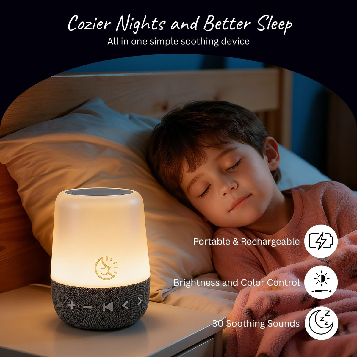 Sleep ZM - Máquina de ruido blanco con 30 sonidos, ayuda digital para dormir con luz nocturna ámbar para bloqueo de luz azul, control táctil, batería recargable y temporizador para adultos y bebés