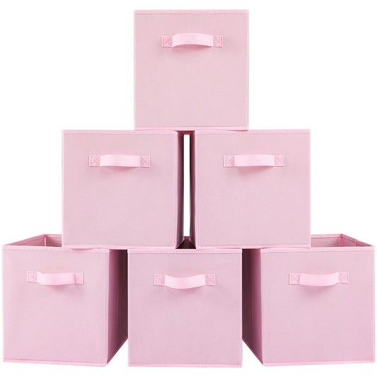 Cubos de tela para almacenamiento, paquete de 6, de 13 x 13 x 13 pulgadas, de colores divertidos y duraderos, con asas, cestas plegables para el hogar,color rosa
