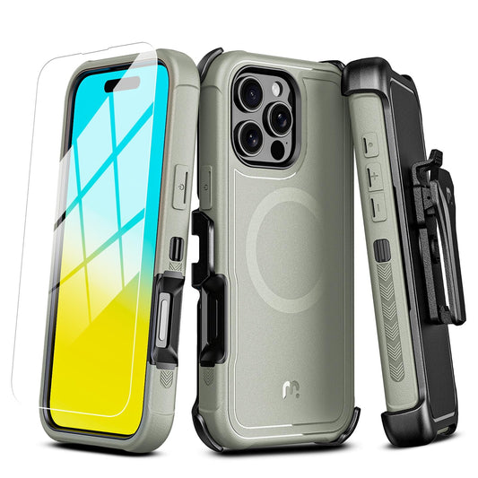 M MYBAT PRO Maverick Series - Funda para iPhone 16 Pro Max con clip para cinturón, compatible con Magsafe con protector de visualización, anticaídas, a prueba de golpes, soporte giratorio de 360°