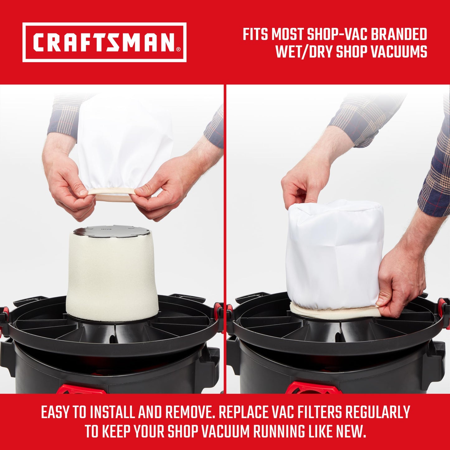 CRAFTSMAN CMXZVBE38770 - Bolsa de filtro de tela, filtro de aspiradora de repuesto para aspiradora de aspiradora, lavable y reutilizable, filtro de súper rendimiento para la mayoría de las aspiradoras