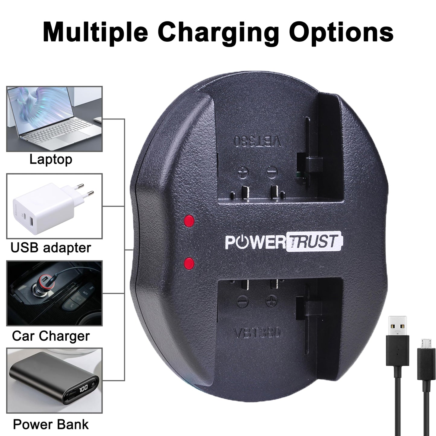 Batería y Cargador USB Dual PowerTrust VW-VBT380 para Panasonic