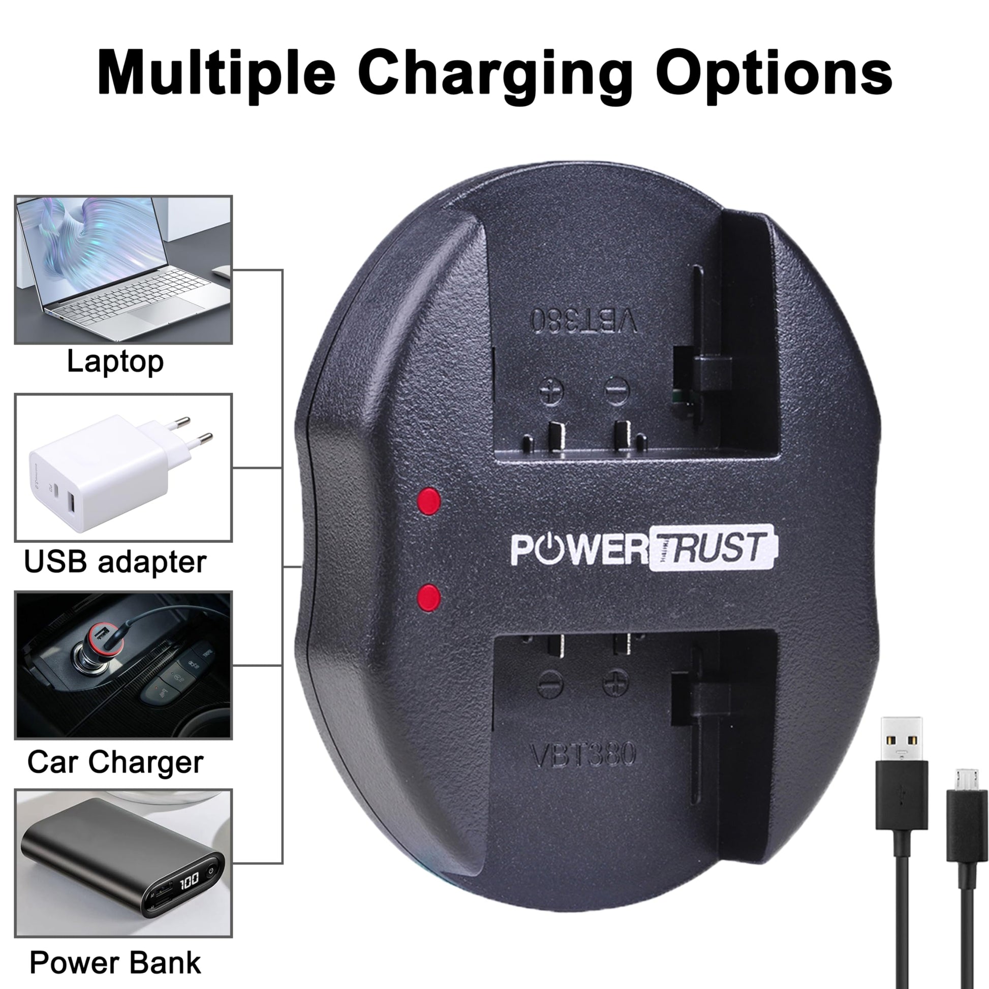 Batería y Cargador USB Dual PowerTrust VW-VBT380 para Panasonic