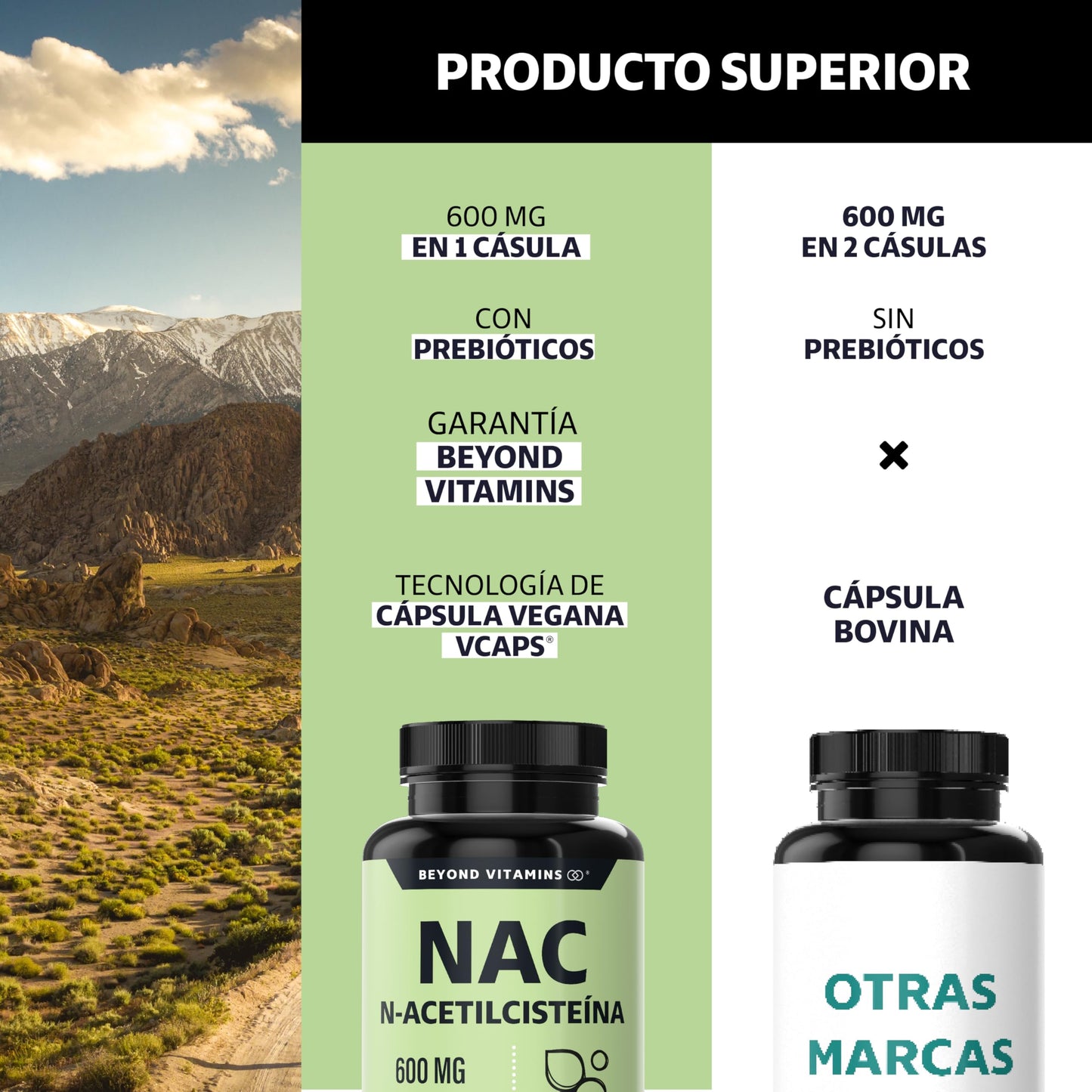 Beyond Vitamins | NAC N-Acetil Cisteína 600mg ultra-premium con Inulina de Agave | N-Acetyl Cysteine (180 Cápsulas)