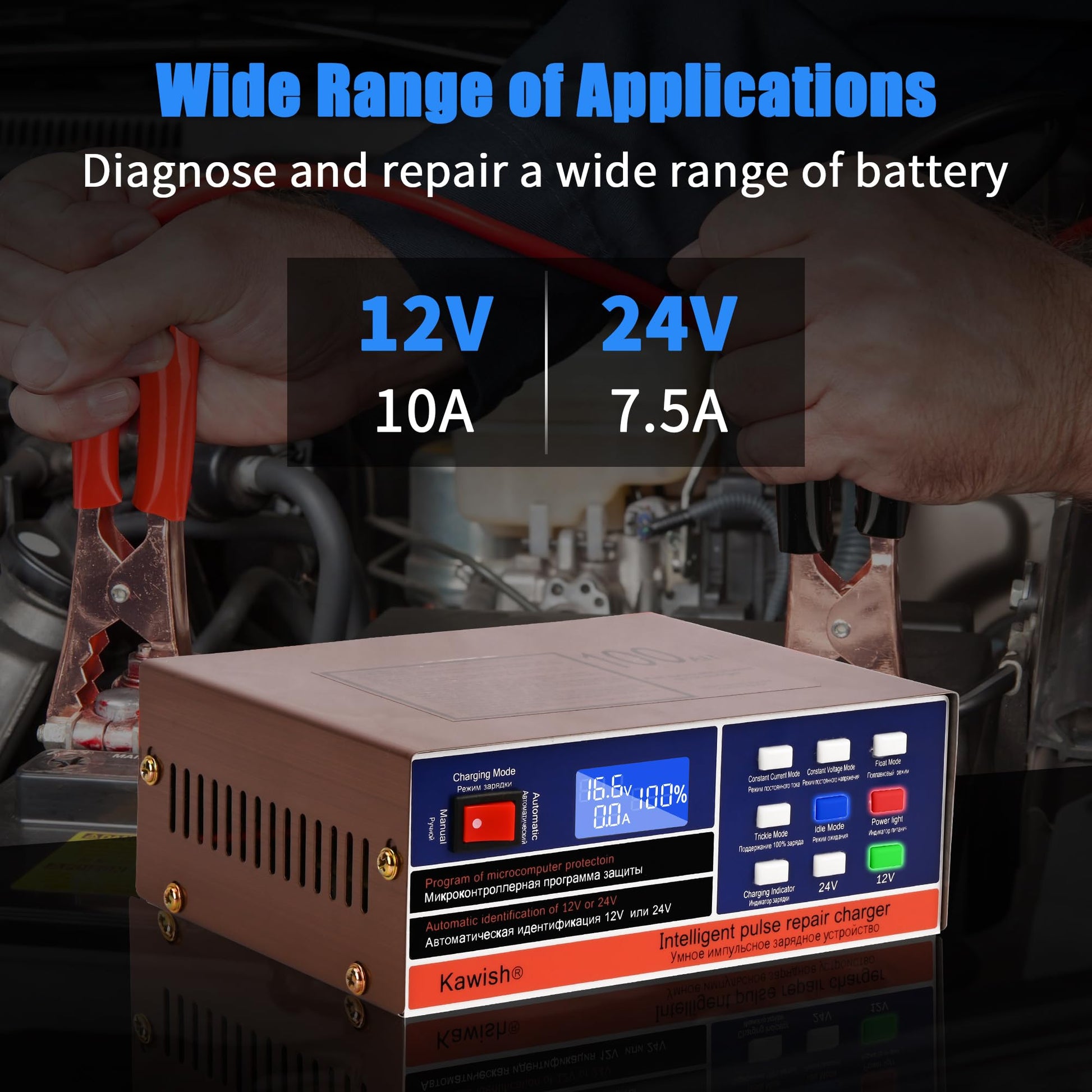 Kawish - Cargador de batería automático completo para coche, 12 V/10 A, 24 V/7.5 A, cargador de batería inteligente para reparación de pulsos, camión, motocicleta, con cepillo para polvo de limpieza