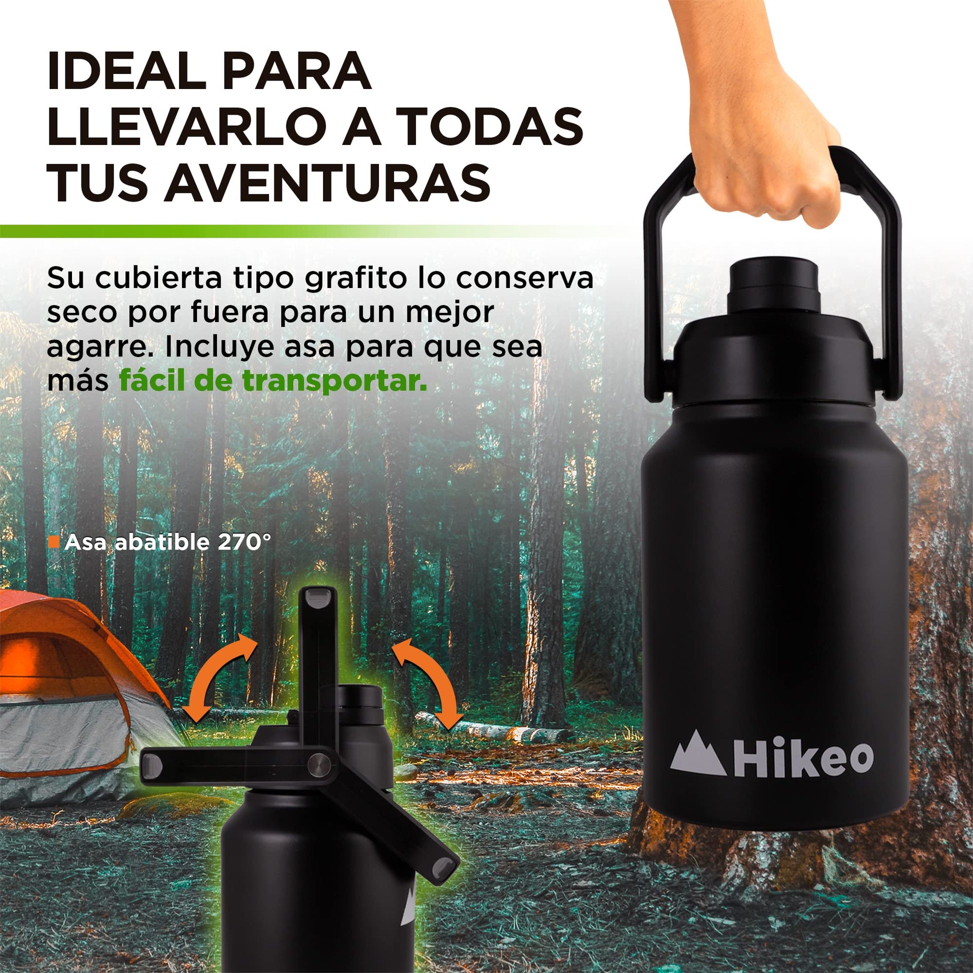 HIKEO Termo Jumbo XL Acero Inoxidable 1.89 Litros Extra Grande, Botella de Agua Hermética con Doble Pared de Aislamiento Térmico, 14 Horas Agua Fría y 12 Horas Agua Caliente, para Camping y Deportes