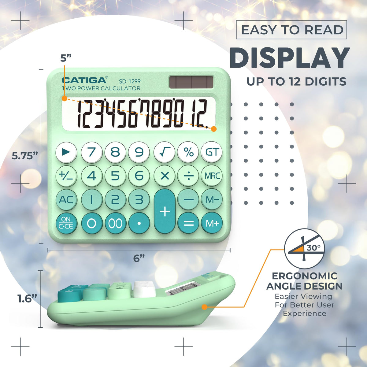 Calculadora CATIGA Mecánica Solar y Batería Pantalla LCD 12 Dígitos Botón Grande Atractiva y Estética
