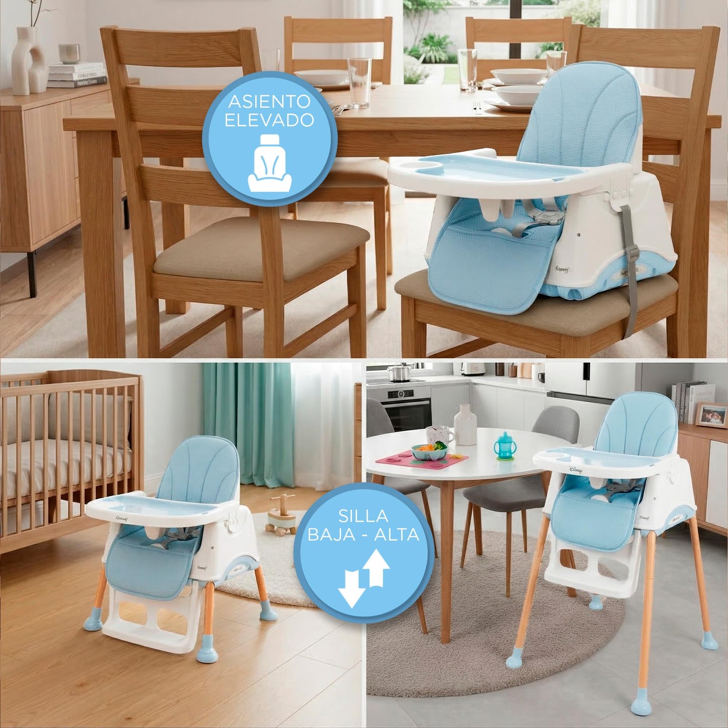 BEBBLY Silla Alta para Bebé con Patas de Madera Antiderrapante Asiento Ergonómico con Charola y Arnés de Seguridad Ideal para Comer o Jugar Niños y Niñas desde 6 Meses Moderna y Fácil de Limpiar (Azul)