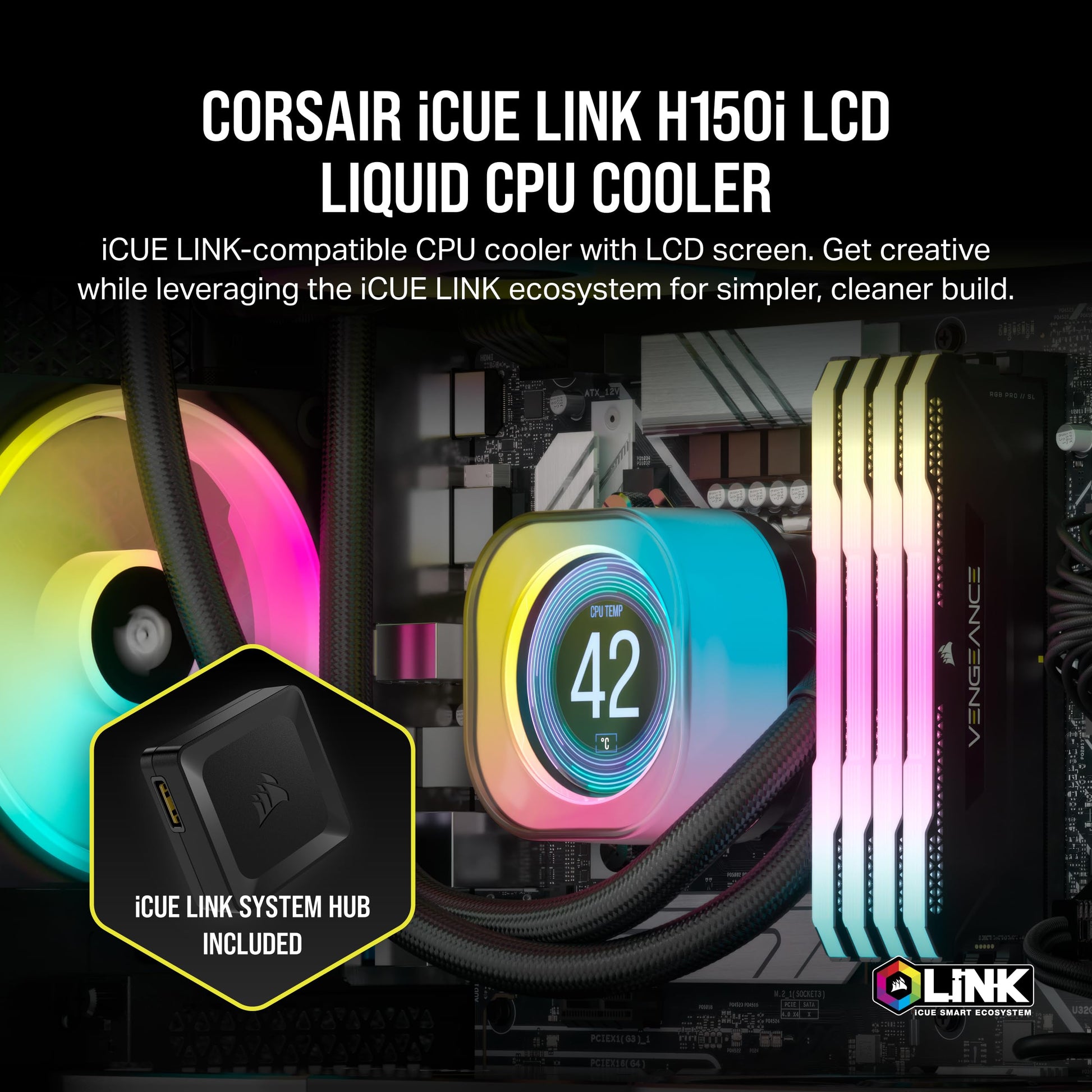 CORSAIR iCUE Link H150i Refrigerador Líquido LCD Oara CPU - 360mm AIO - Ventiladores QX120 RGB - Pantalla LCD IPS de 2.1" - Intel LGA 1700, AMD AM5 - iCUE Link Hub Incluido - Negro CW-9061008-WW