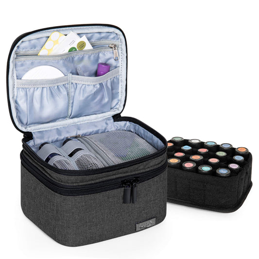 (Fit for 20 bottles, Black) - LUXJA Essential Oils Bag - Holds 20 Bottles (5ml-30ml, Also Fits for Roller Bottles), Double-Layer Organiser for Essential Oil and Accessories, Black