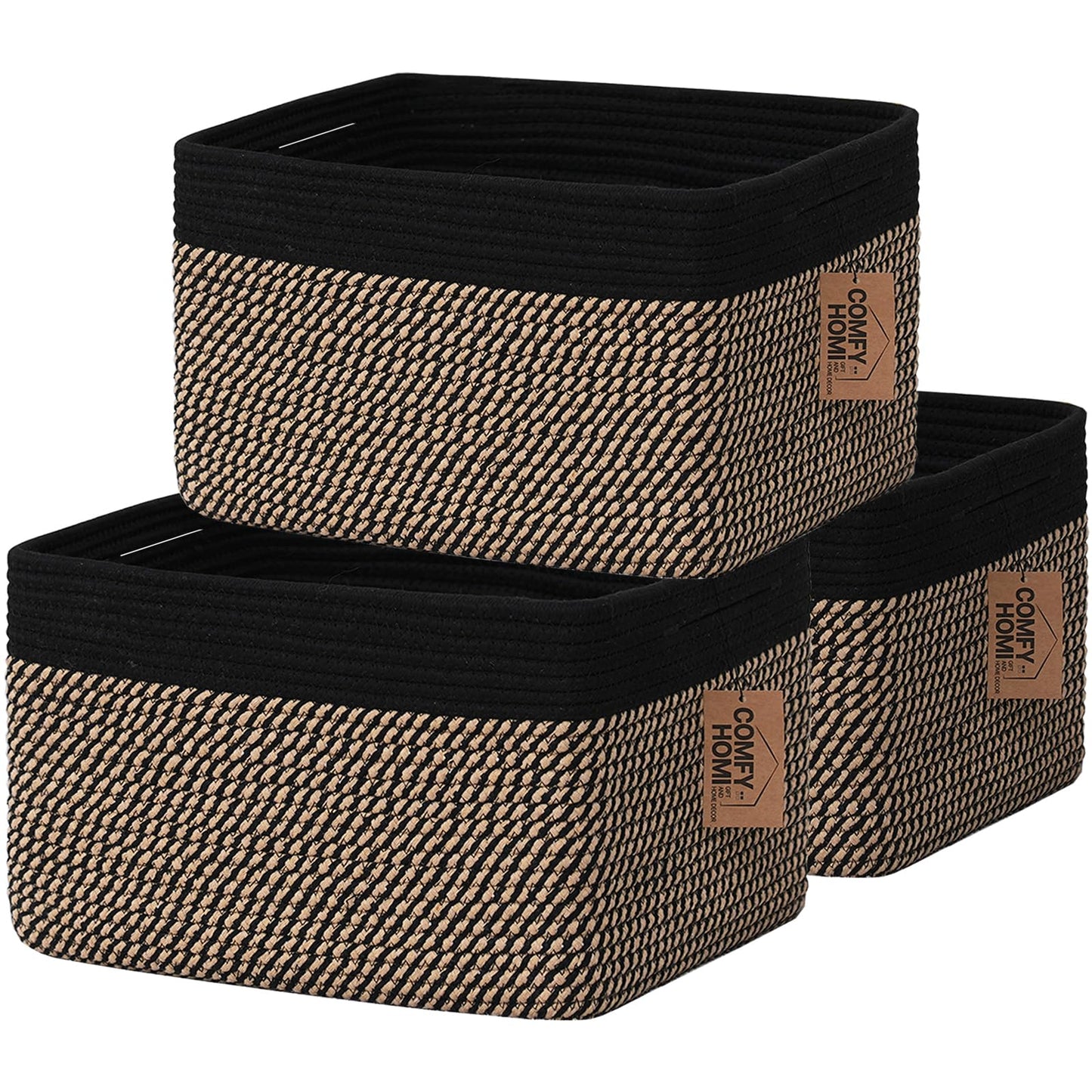 COMFY-HOMI Paquete de 3 cestas cuadradas de cuerda de algodón con asas para estantes | Recipiente para juguetes de perro y almacenamiento | Regalo para bebé | Organizador de zapatos | Nuevo de 13.5 x