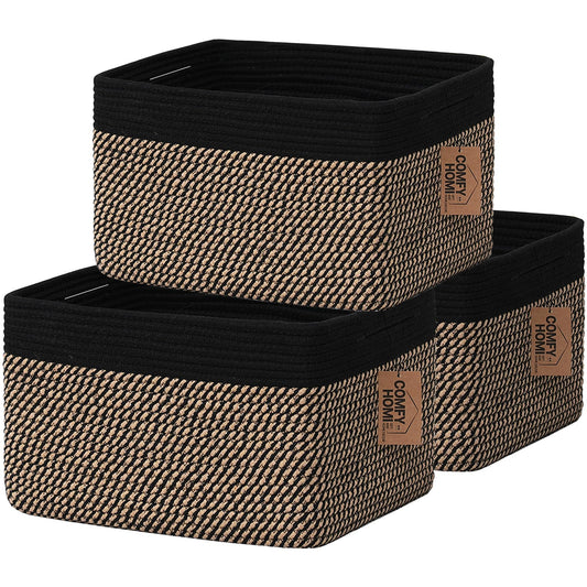 COMFY-HOMI Paquete de 3 cestas cuadradas de cuerda de algodón con asas para estantes | Recipiente para juguetes de perro y almacenamiento | Regalo para bebé | Organizador de zapatos | Nuevo de 13.5 x