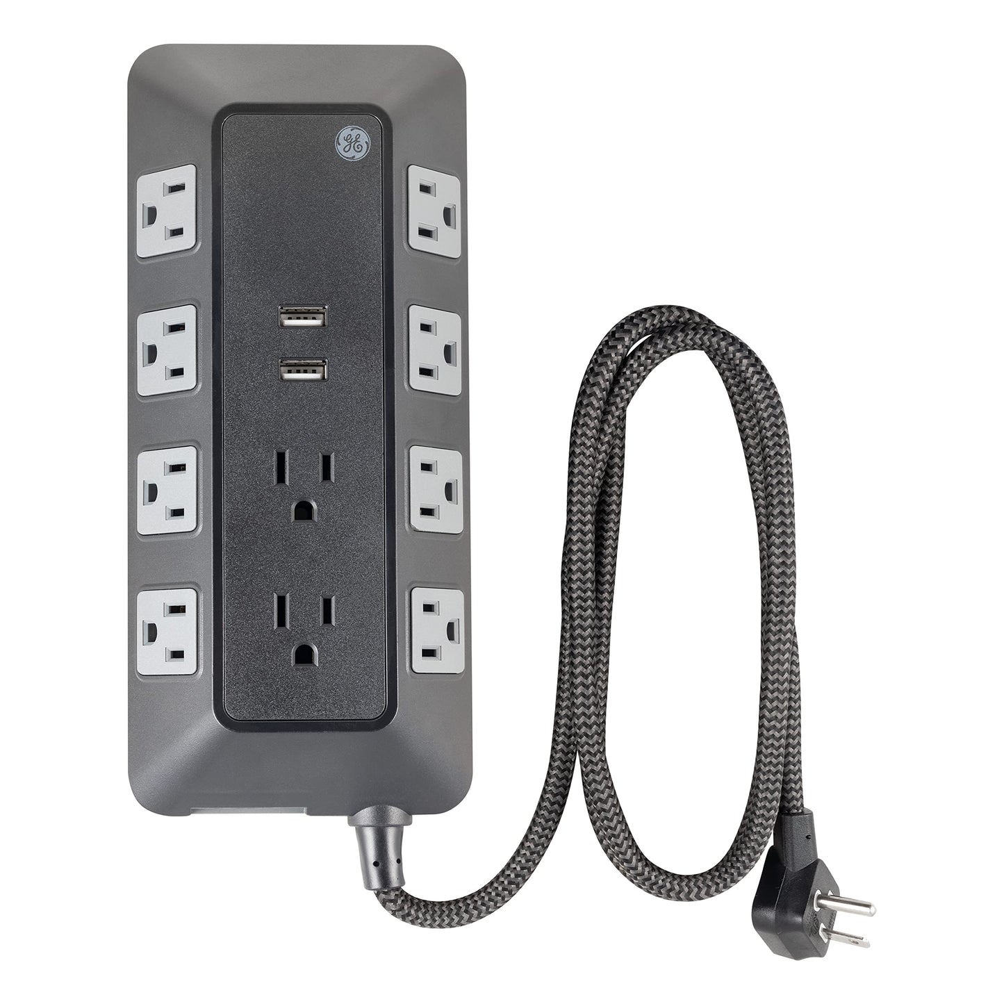 GE UltraPro - Protector de sobretensiones de 10 Salidas con Puertos USB, 2 Puertos USB-A, 2.4A, 12W, Cable Trenzado de 4 pies, Protector de sobretensiones de 3540 Julios, Negro, 73775