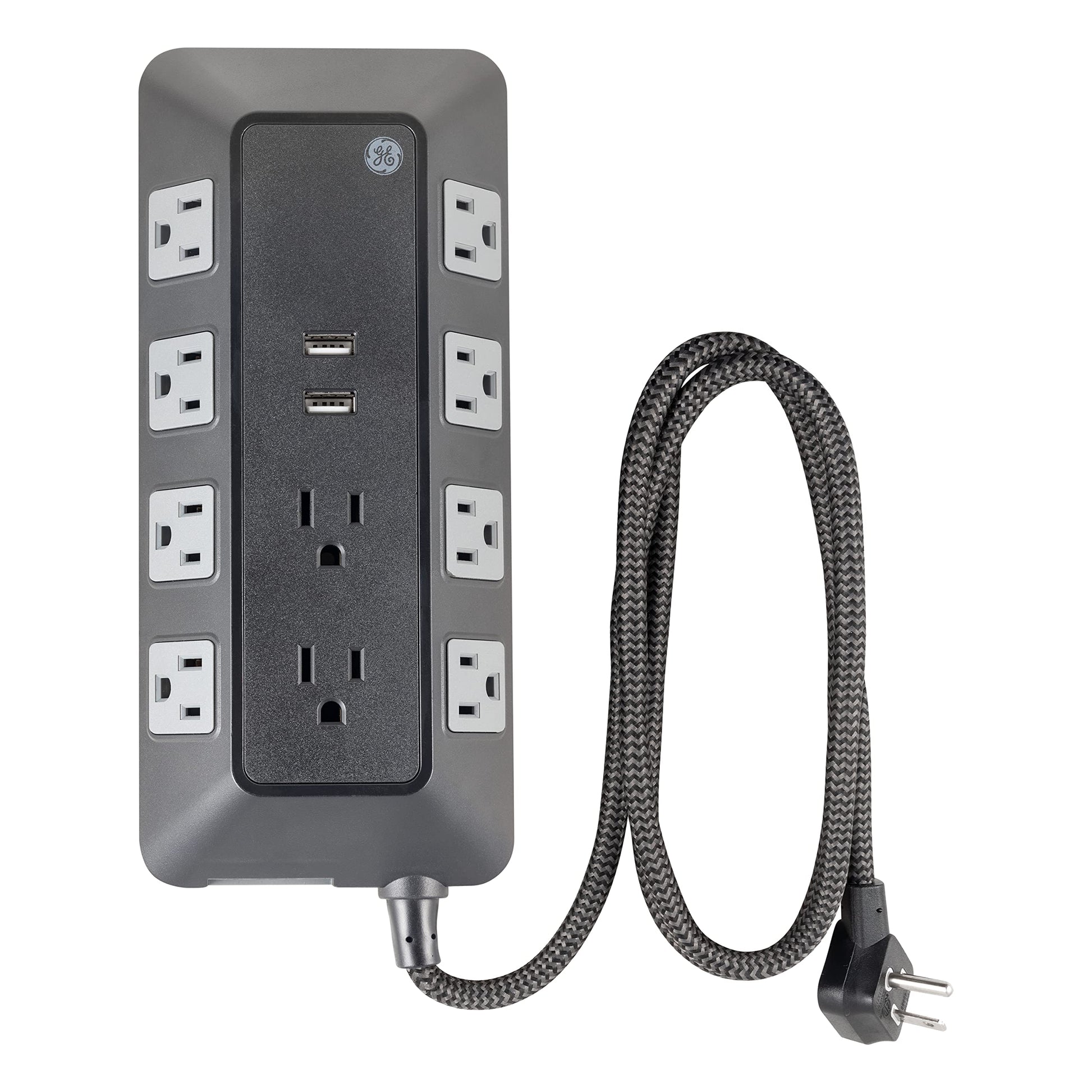 GE UltraPro - Protector de sobretensiones de 10 Salidas con Puertos USB, 2 Puertos USB-A, 2.4A, 12W, Cable Trenzado de 4 pies, Protector de sobretensiones de 3540 Julios, Negro, 73775