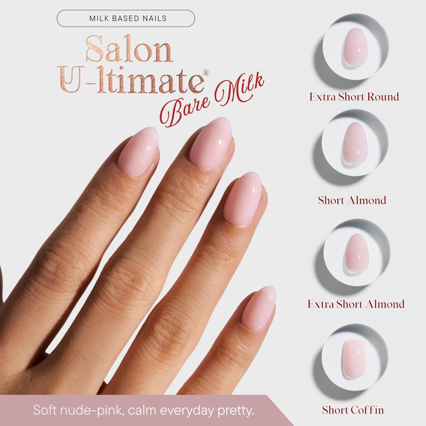 Celebritips Uñas postizas - Salon U-ltimate™ | Bare Milk, uñas almendradas extracortas, reutilizables | 16 tamaños - Kit de 32 uñas con pegamento y pestañas adhesivas