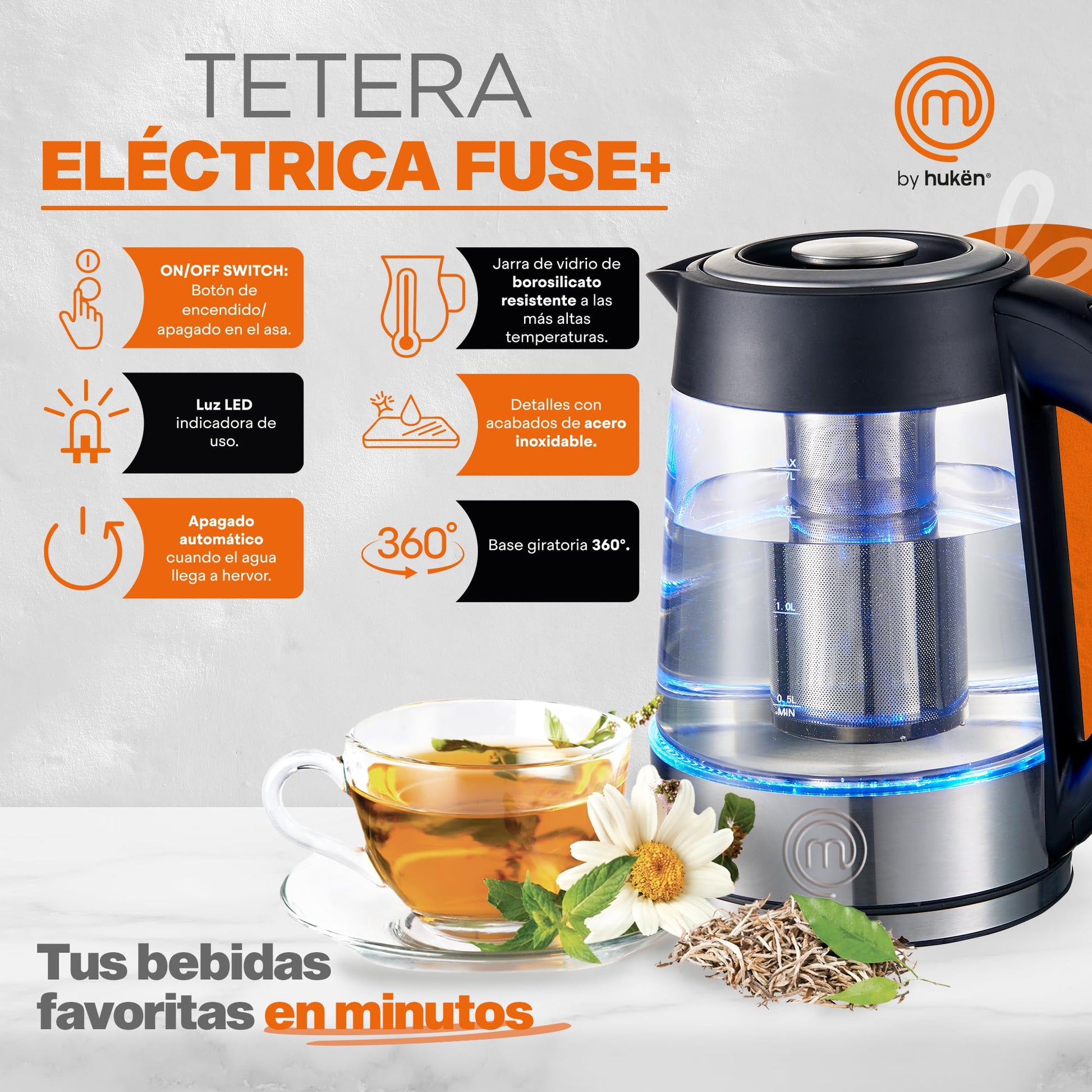 Hukën x Masterchef | Tetera eléctrica Fuse+ | Hervidor eléctrico | Tetera de vidrio | Infusor Removible | Tetera de acero inoxidable Base Giratoria | 1.7 litros