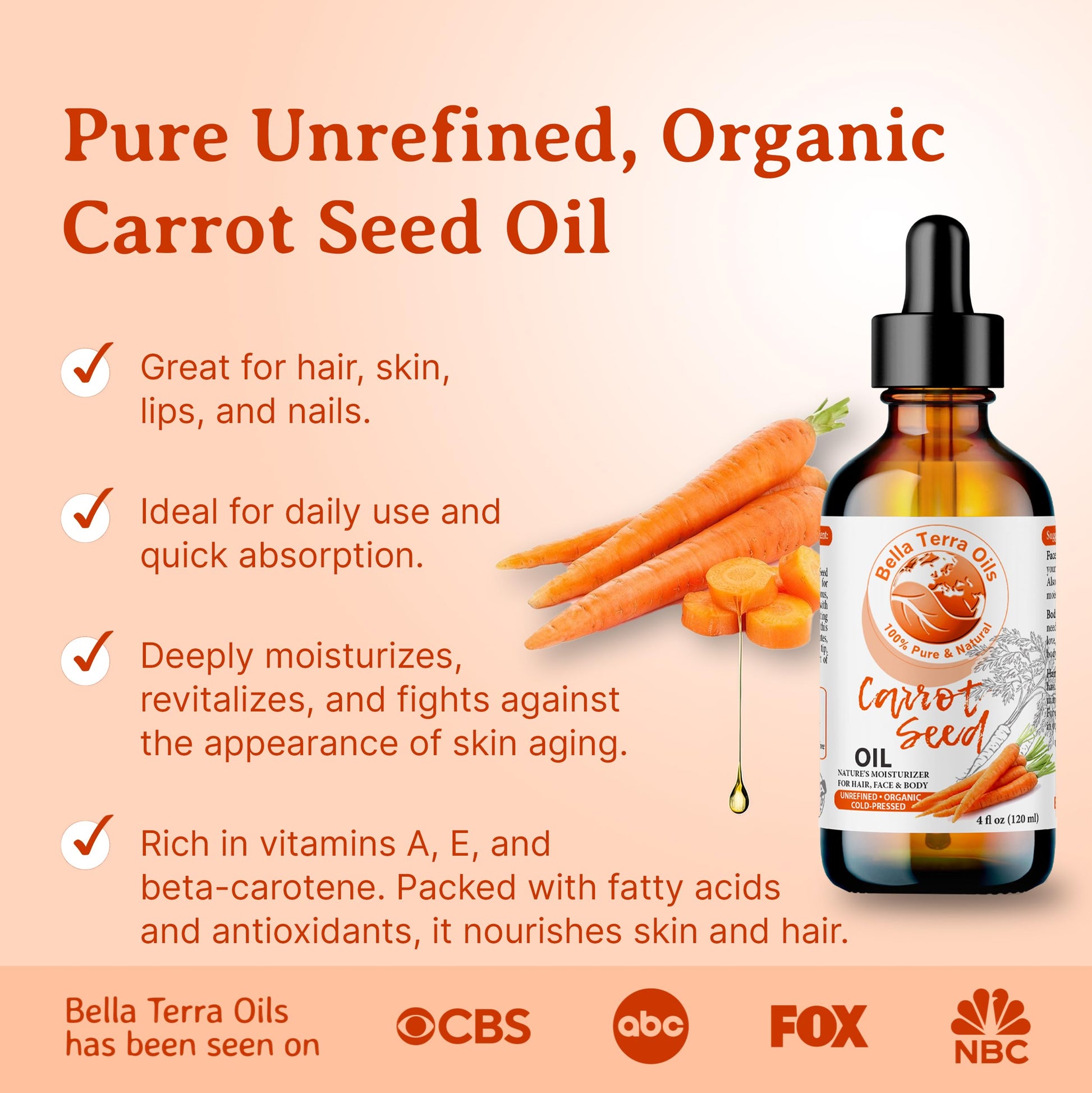 NEW Carrot Seed Oil. 4oz. Cold-pressed. Unrefined. Organic. 100% Pure. Daucus Carota. Hexane-free. Rejuvenates Skin and Softens Hair. Natural Moisturizer. For Hair, Face, Body, Nails, Stretch Marks.