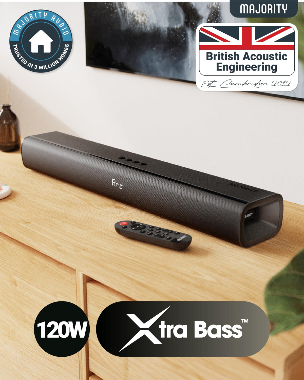 Barra de Sonido Bluetooth Majority Naga Negra 120W Sonido 3D con Subwoofer Integrado para Smart TV