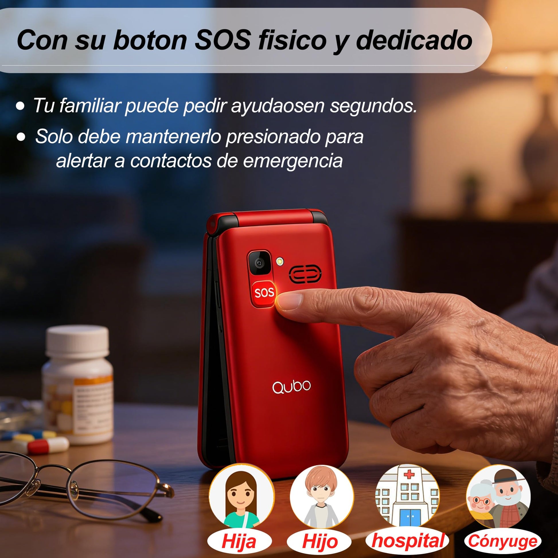 Qubo p210 Teléfono para Adultos Mayores 4G Desbloqueado | Pantalla 2.8” Grande | Teclas Grandes con Luz | Botón SOS | M1 M2 M3 | Plegable | Compatible con Chip 2G 3G 4G 5G
