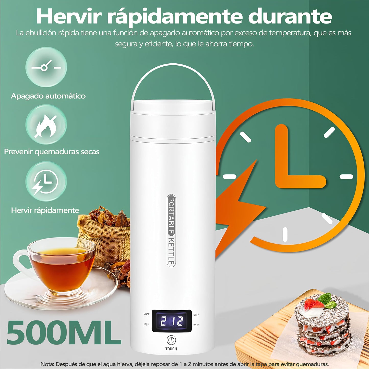 Hervidor de Agua Electrico Portatil,500ML Termo Electrico,Control de Temperatura NTC y Protección contra quemaduras en seco,Adecuado para viajes, oficina, camping, preparación de té y café.