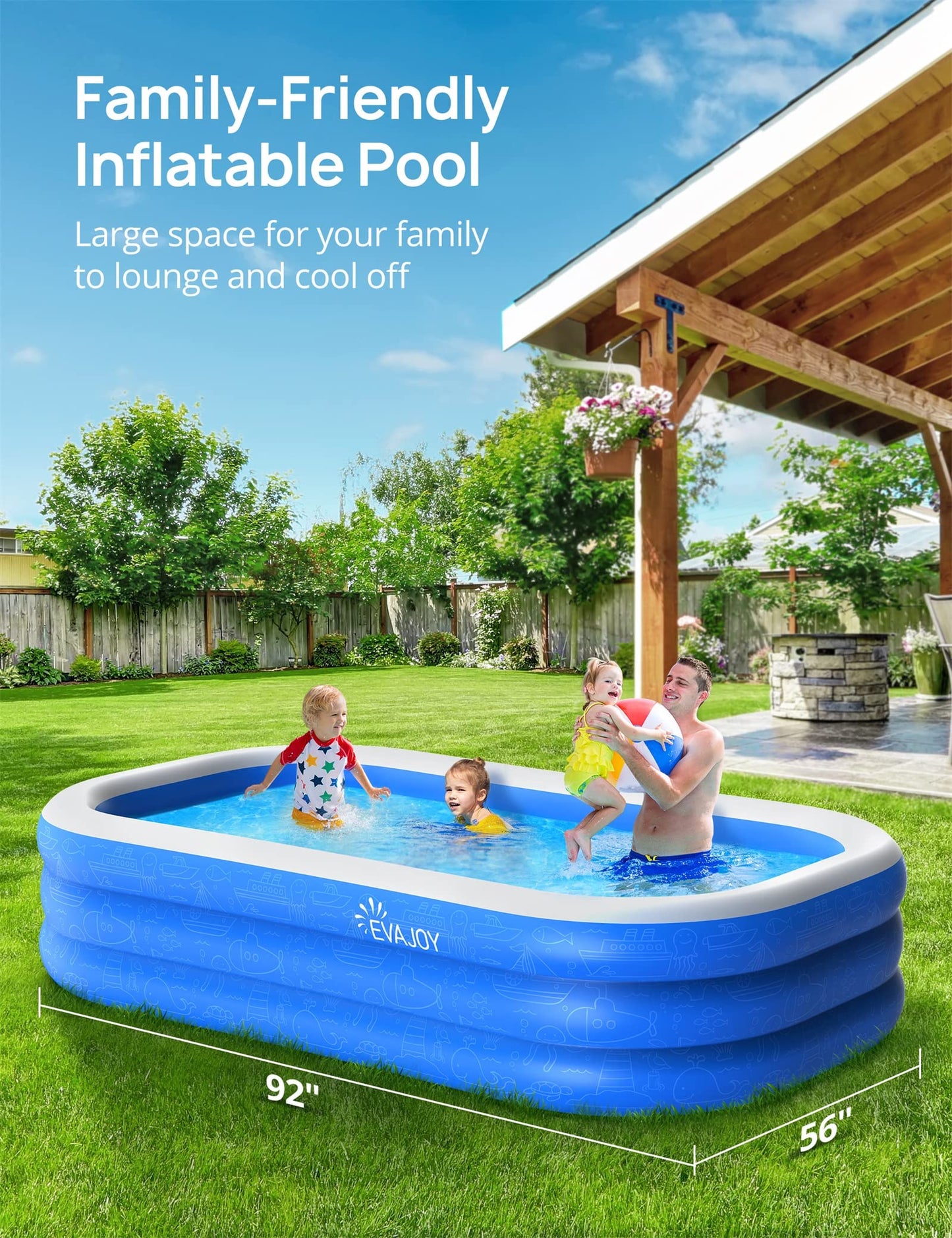 Piscina Inflable Evajoy Azul 92 x 56 x 18 Pulgadas para Niños a Partir de 3 Años