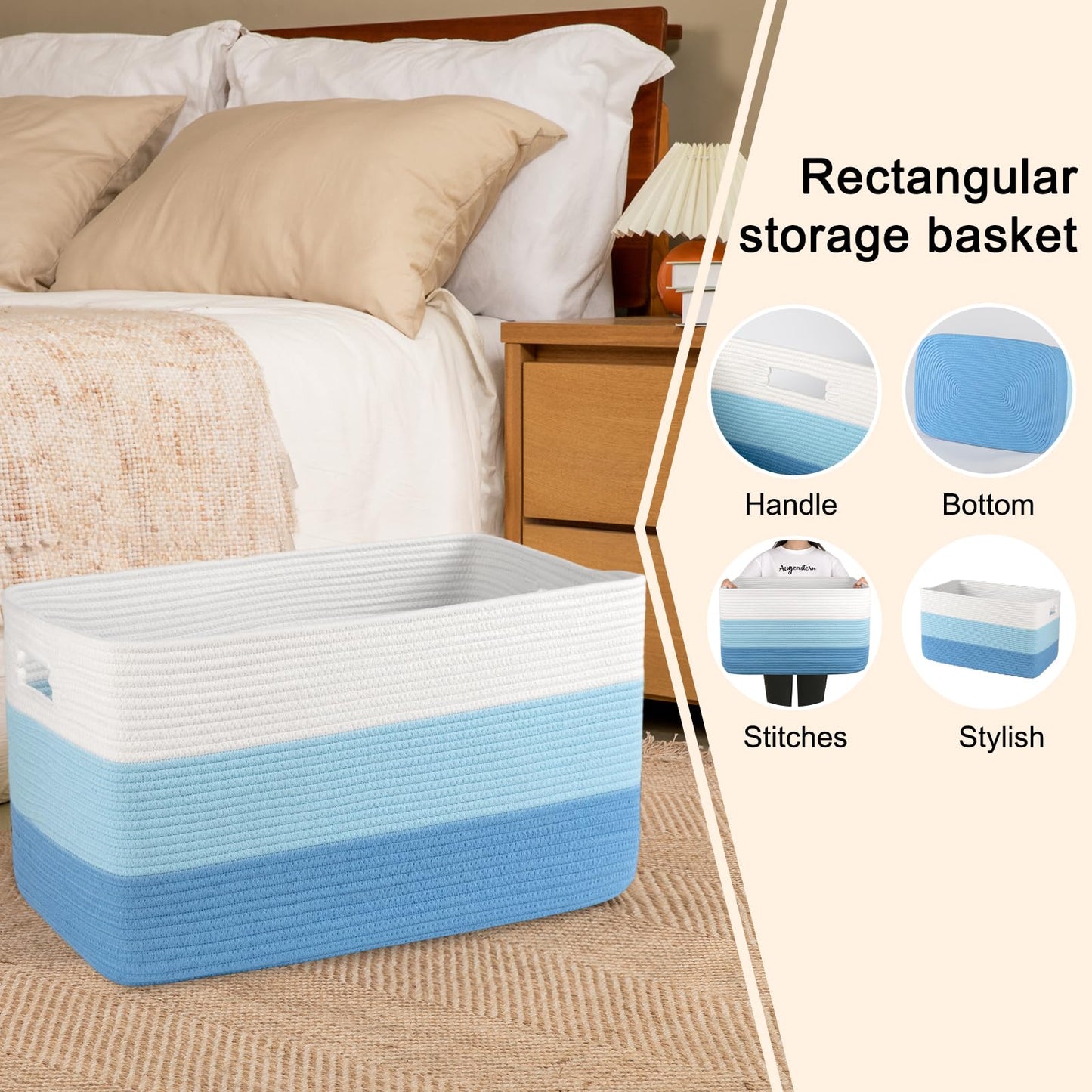 OIAHOMY - Cesta de manta grande, 22 x 17 x 12 pulgadas, cestas tejidas rectangulares para guardería, sala de estar, almacenamiento de juguetes con asa, cestas grandes para organizar, color azul claro