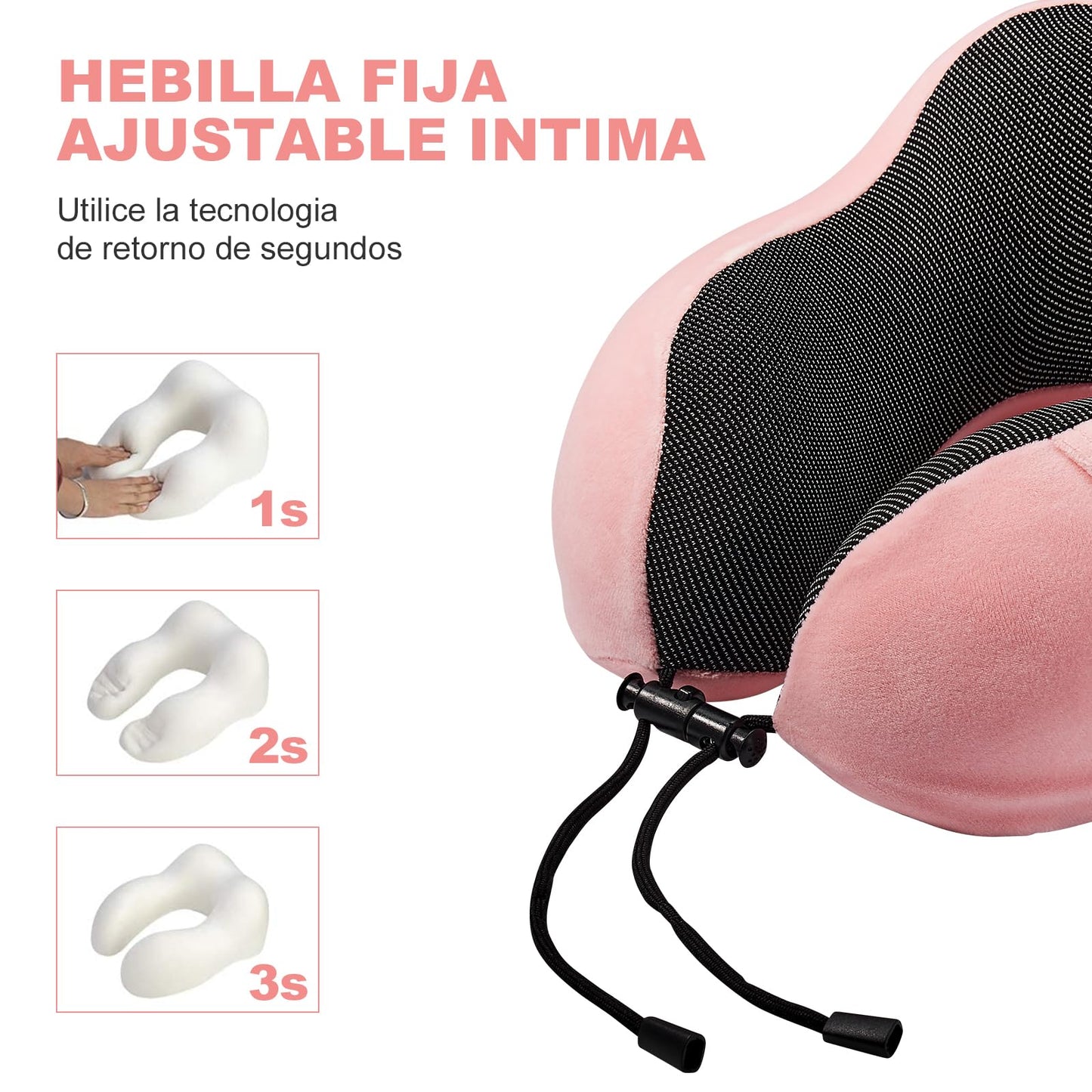 Almohada de Viaje, Almohada de Cuello Viscoelástica de Espuma de Memoria con Máscara de Ojos, Tapones para los oídos y Nariz, y Bolsa con Cordón, Soporte de Cuello para Avión, Oficina y el Hogar(Rosa)