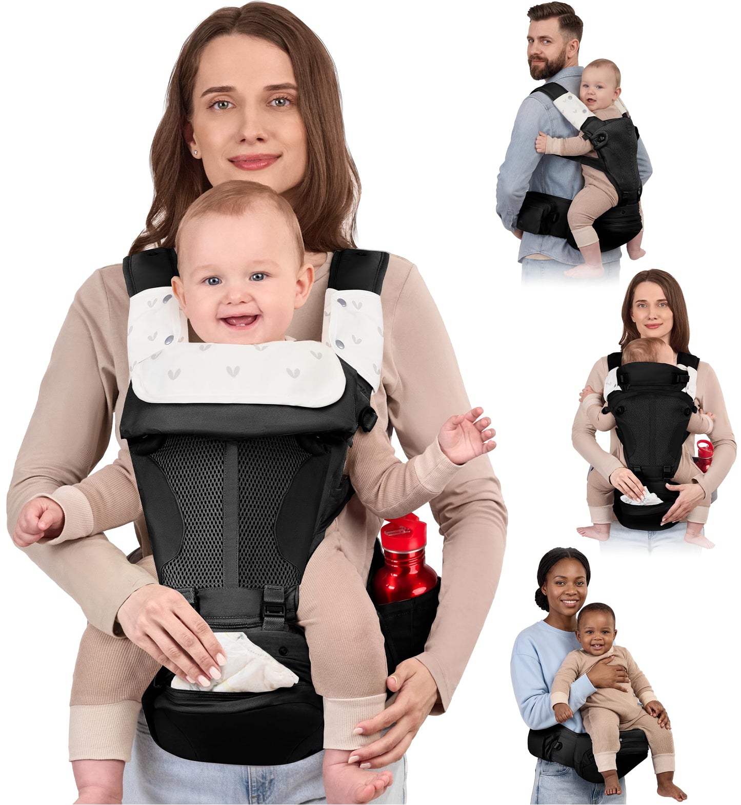 BabbleRoo Grow Plus Portabebés – Portabebés de algodón orgánico certificado de seguridad con asiento de cadera desmontable, amplio almacenamiento, hebilla magnética, bolsa de almacenamiento, comodidad