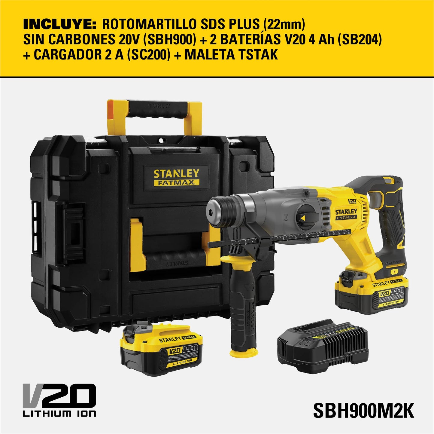 STANLEY Rotomartillo Inalámbrico 1-1/8" (22mm), Incluye Baterías, Cargador y Caja de Herramientas, SBH900M2K