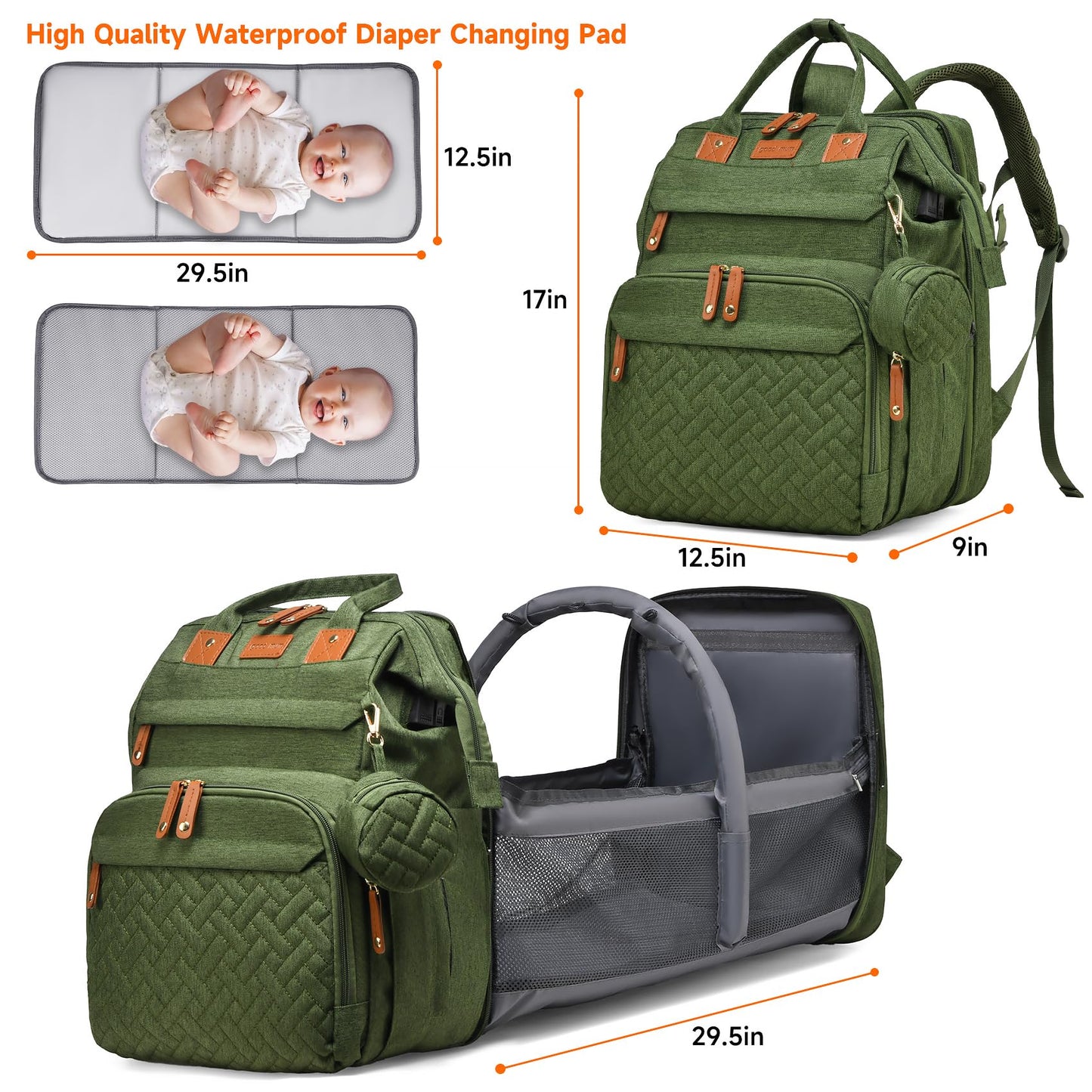 AHNTTGS - Bolsa de pañales con estación cambiadora, mochila de pañales de gran capacidad para mamás papás con puerto de carga USB, mochila impermeable para pañales (verde militar)