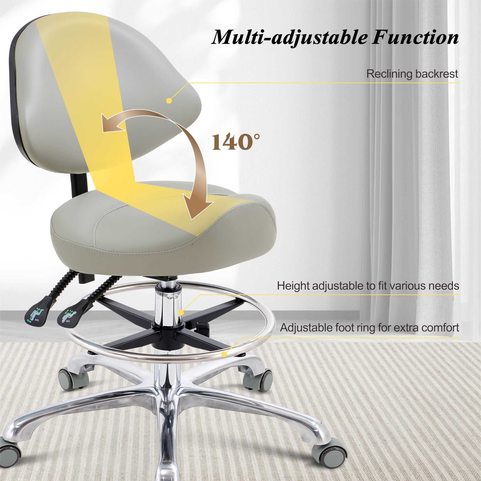 HNKastela Taburete ergonómico con Soporte Trasero, Taburete de Altura Ajustable con Ruedas, para salón de Masaje, Cocina médica (con Respaldo, Gris Claro)