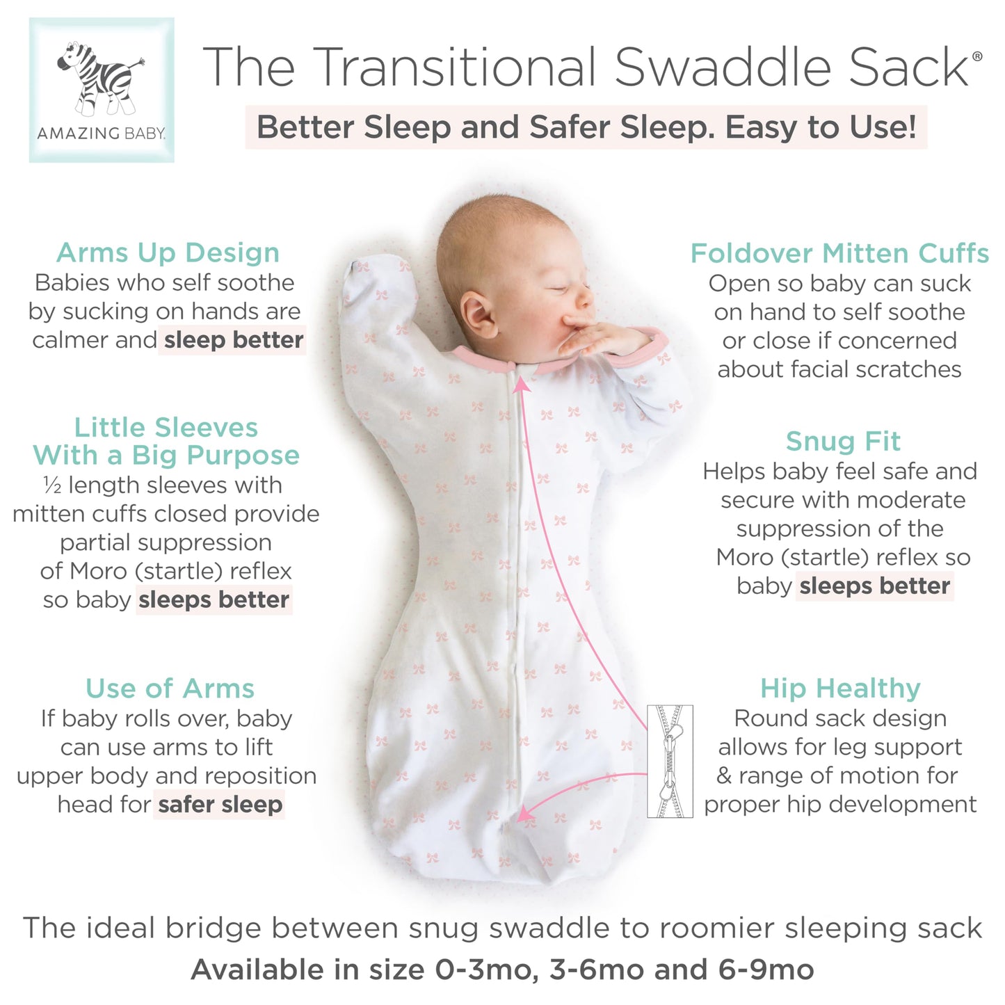 Increíble saco de transición para bebé, mangas de media longitud y puños de manopla para la transición del recién nacido al saco de dormir del bebé, manta portátil, mediano, 3-6 meses, 14-20 libras,