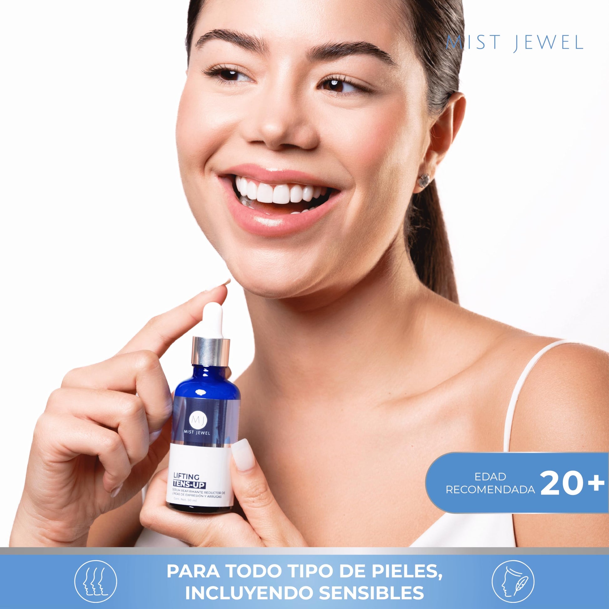 MIST JEWEL Serum facial con efecto tensor lifting Tens-Up, con ingredientes antiedad y ácido hialurónico para cuidado facial de 50ml | suero reafirmante reductor de arrugas y lineas de expresion en rostro y cuello