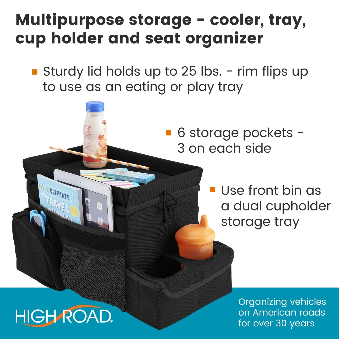 High Road CarHop Organizador de asiento de coche para el asiento delantero o trasero para niños y adultos con bandeja para portavasos y bolsillos laterales y compartimento para enfriador