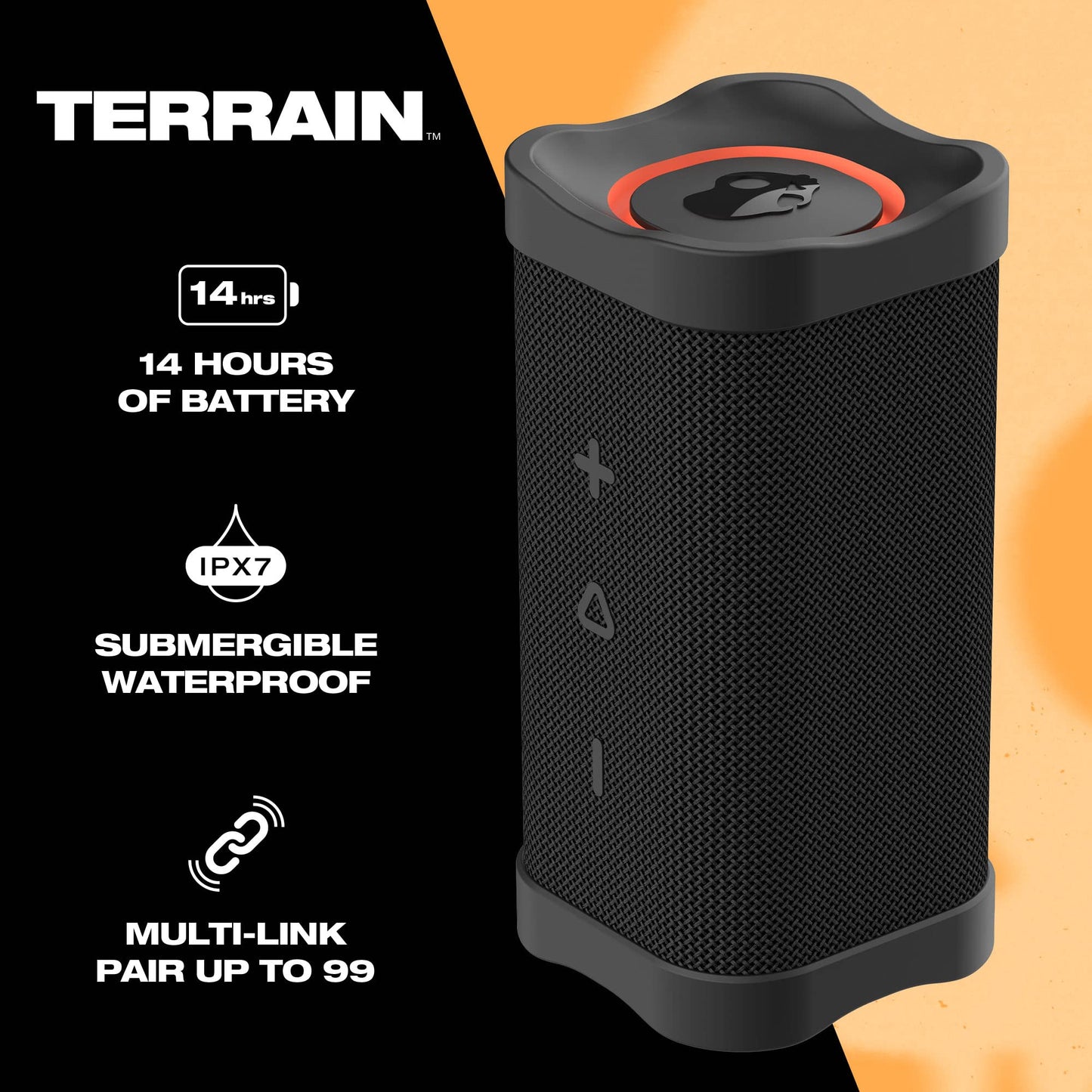 Skullcandy Terrain - Altavoz inalámbrico Bluetooth IPX7 Impermeable con radiadores pasivos duales Personalizados, batería de 14 Horas, muñequera de Nailon y estéreo inalámbrico Verdadero