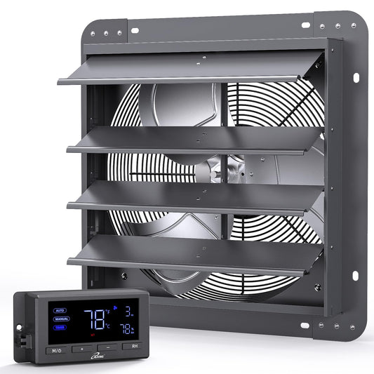 iLiving - Ventilador de escape de obturador de pared de 16 pulgadas, obturador automático, controles de temperatura y humedad con velocidad variable, 1736 CFM a 1600 RPM DC Motor