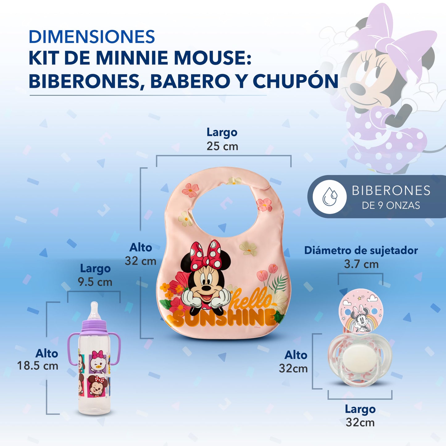 GAIRET Kit de Minnie Mouse para Bebé Niña: Incluye 2 Biberones de 9 oz con Asas y Sellado Antiderrames, 1 Babero Impermeable y 1 Chupón de Silicona con Sujetador de Ropa, Oficial Disney, 4 Piezas