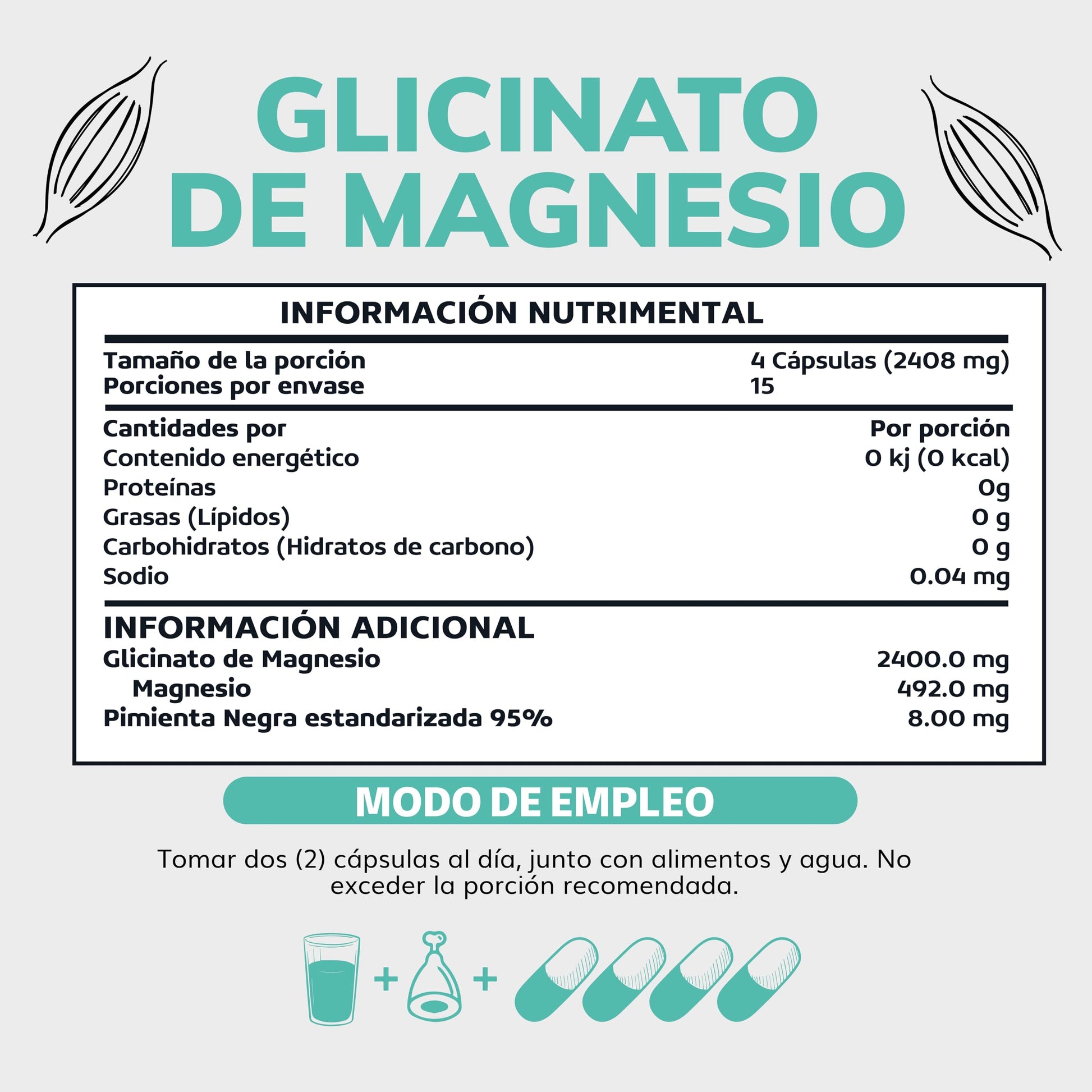 Glicinato de Magnesio Quelado | 20-100% mayor aporte de Magnesio por porción | Fortalecido con Piperina al 95% para mejor biodisponibilidad | 2400mg Glycinate Magnesium Beyond Vitamins | Suplemento Alimenticio Vegano - Ingredientes NON GMO (60 Cápsulas)