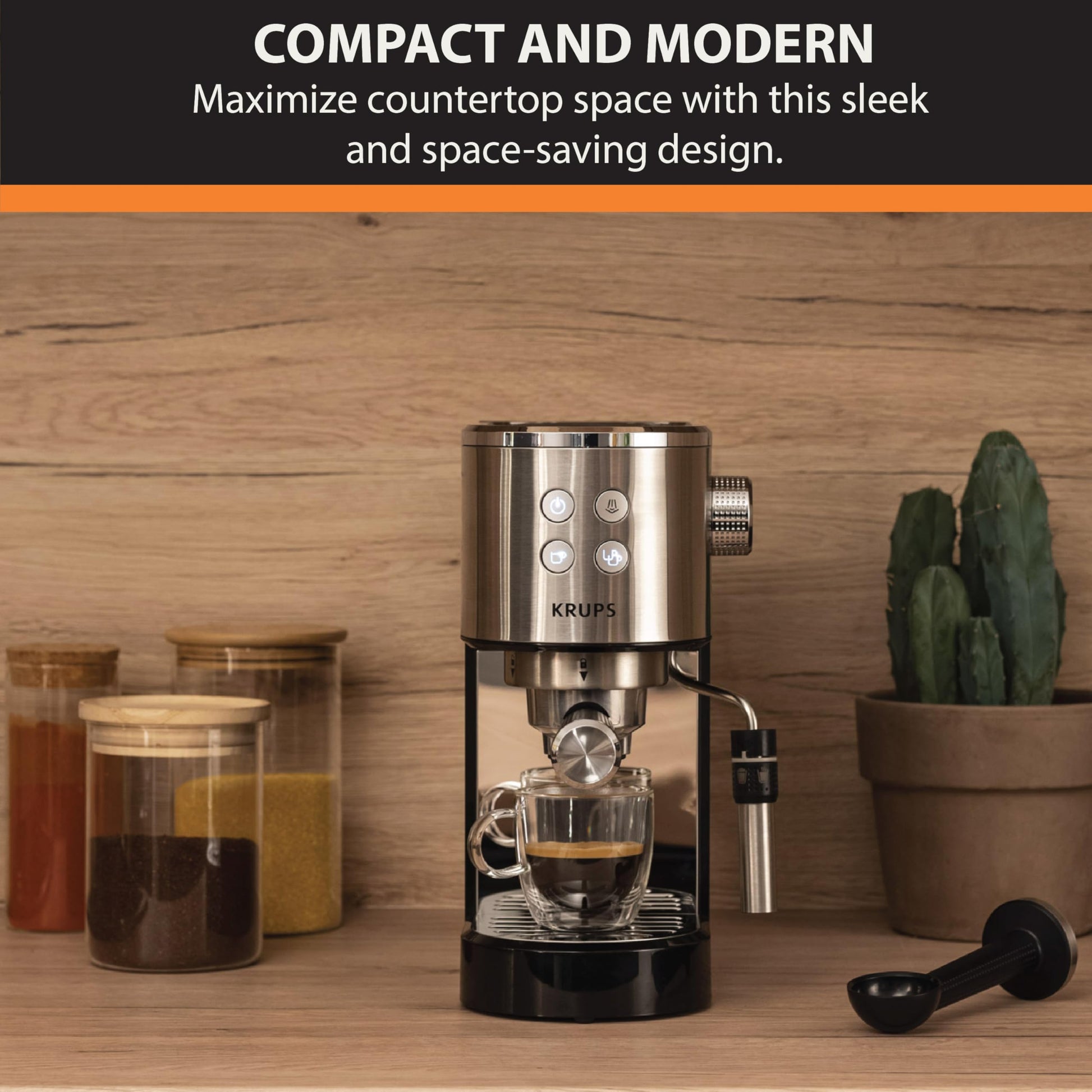 KRUPS Espressería Manual Divine Acero Inoxidable, boquilla de vapor, con sistema Thermoblock, compacta, moderna y fácil de usar, capacidad de 1 L, disfruta de un delicioso sabor a café, XP444C50