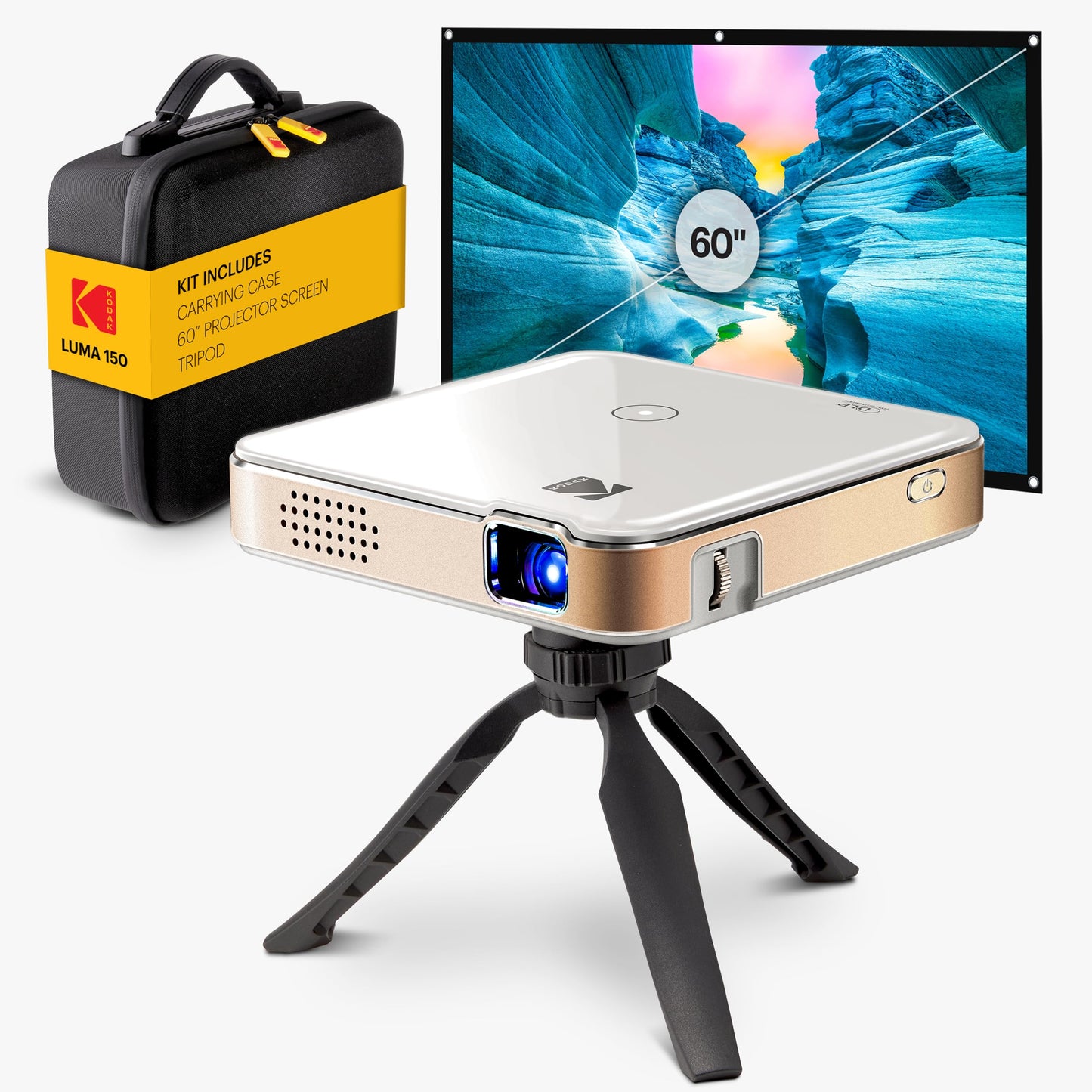 KODAK Luma 150 Kit completo – Mini proyector inalámbrico DLP de bolsillo con funda, trípode, visualización de 60 pulgadas, batería recargable, altavoz incorporado, HDMI, USB, microSD – portátil y