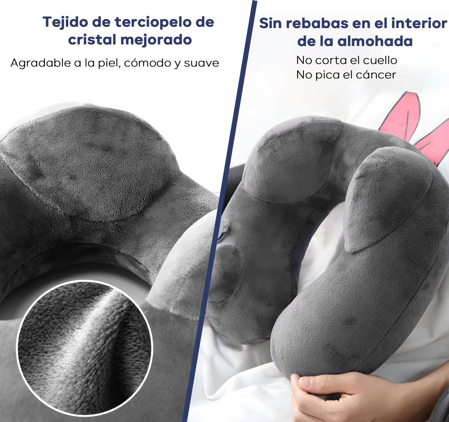 Almohada de Viaje 4 en 1, Almohada de Cuello,Almohada Avion Viaje Inflable con Máscara de Ojos,Tapones para Los Oídos Ruidosos,Bolsa con Cordón, Soporte de Cuello,para Avión,Oficina, Automóviles,Hogar