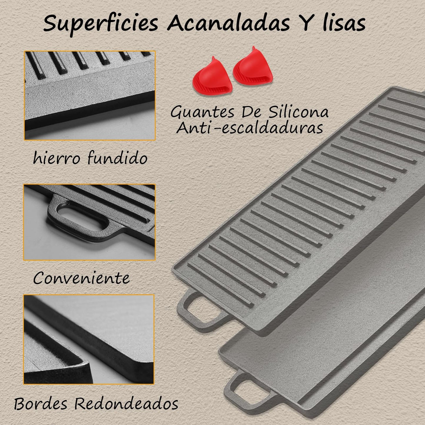 Plancha para Parrilla de Hierro Fundido Reversible Fácil de Limpiar Antiadhesiva 50.5 * 23.5cm para Estufas de Gas y Barbacoas